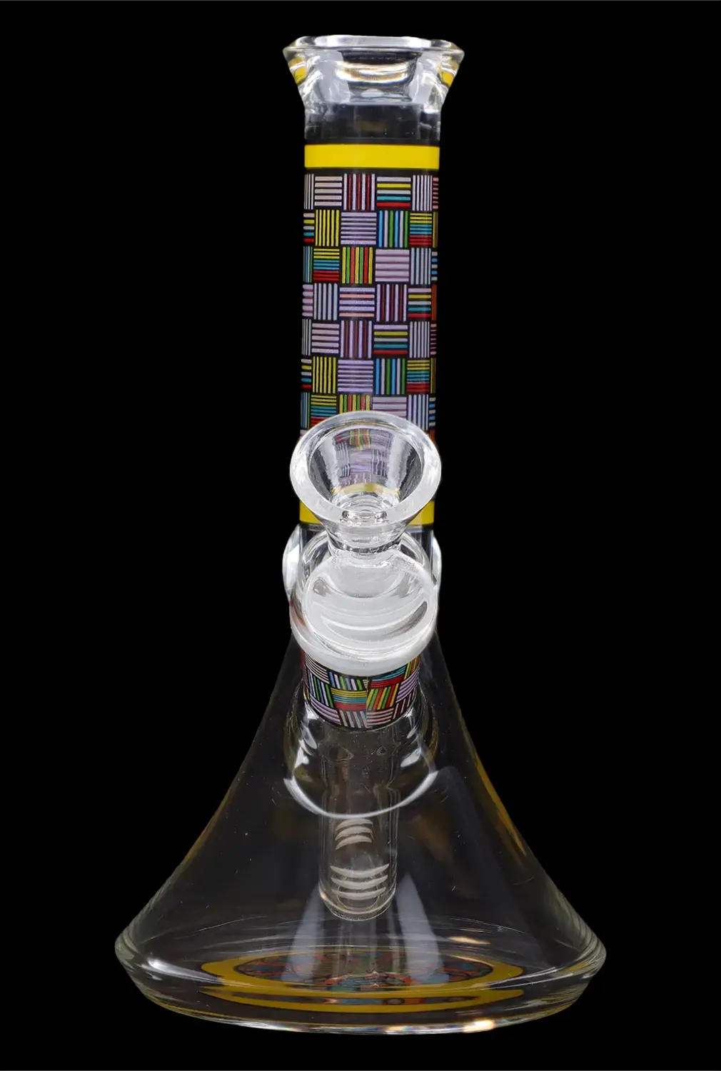 Clear glass bong with colorful geometric patterns, studio shot on black background.