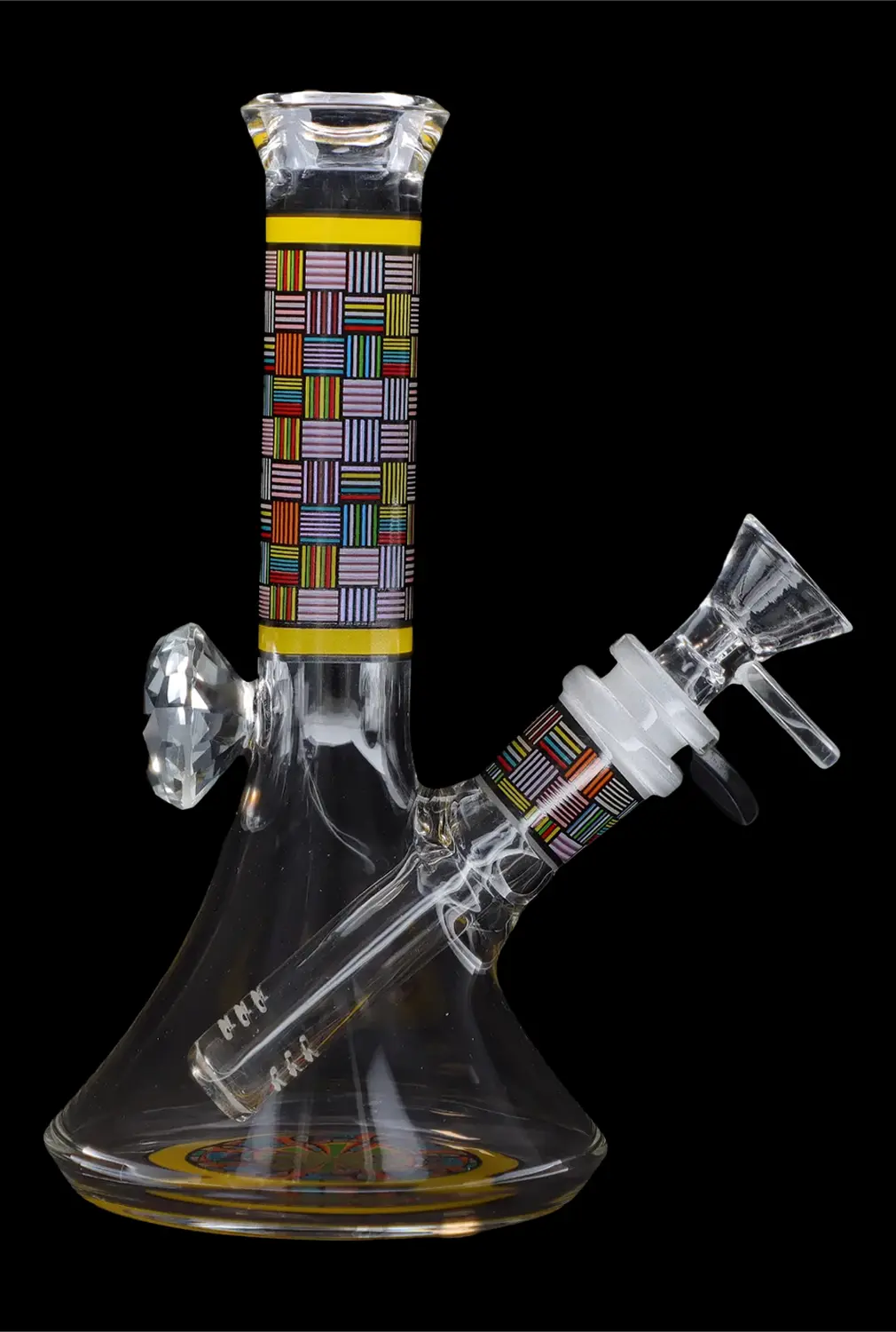 Glass water pipe with colorful geometric patterned accents, isolated on a black background.