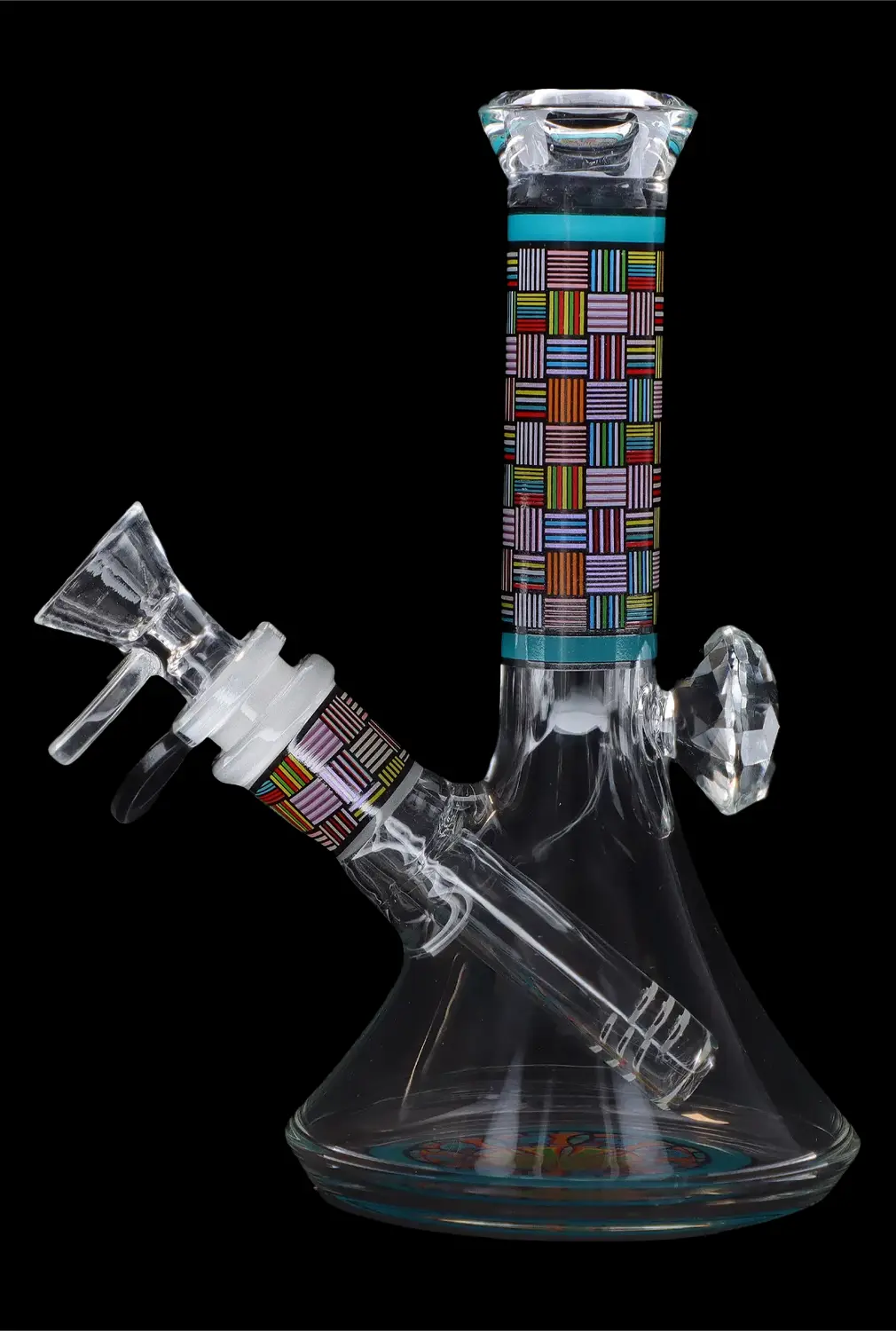 A colorful glass water pipe (bong) with geometric patterns, isolated on a black background.