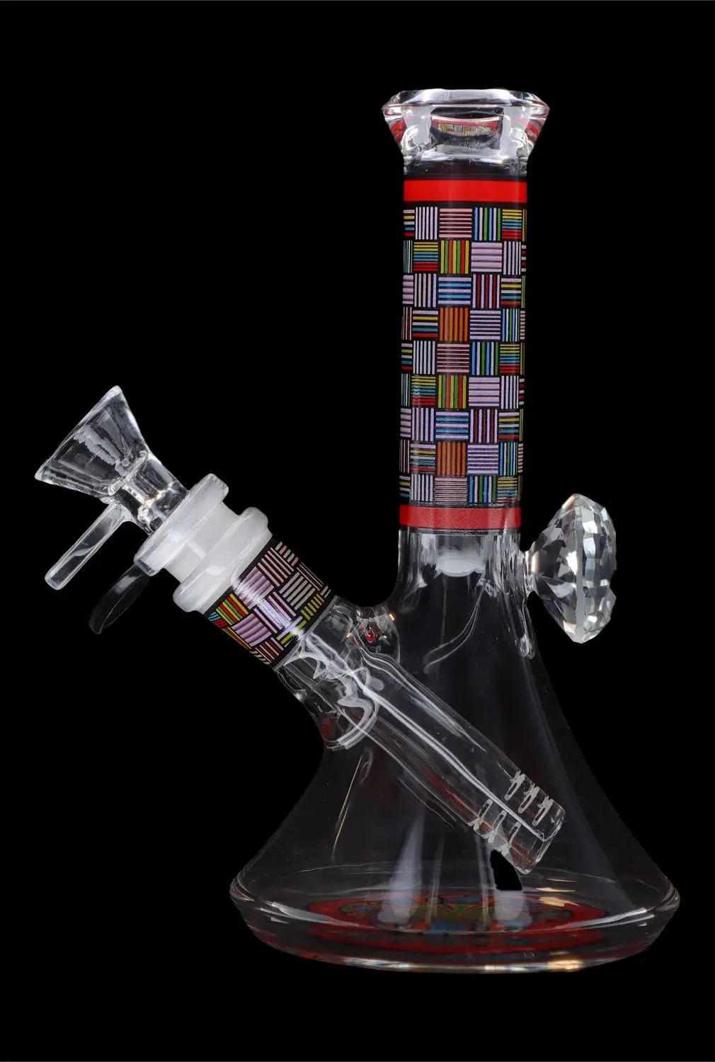 Glass water pipe with colorful geometric patterns and clear glass accents, against a black background.