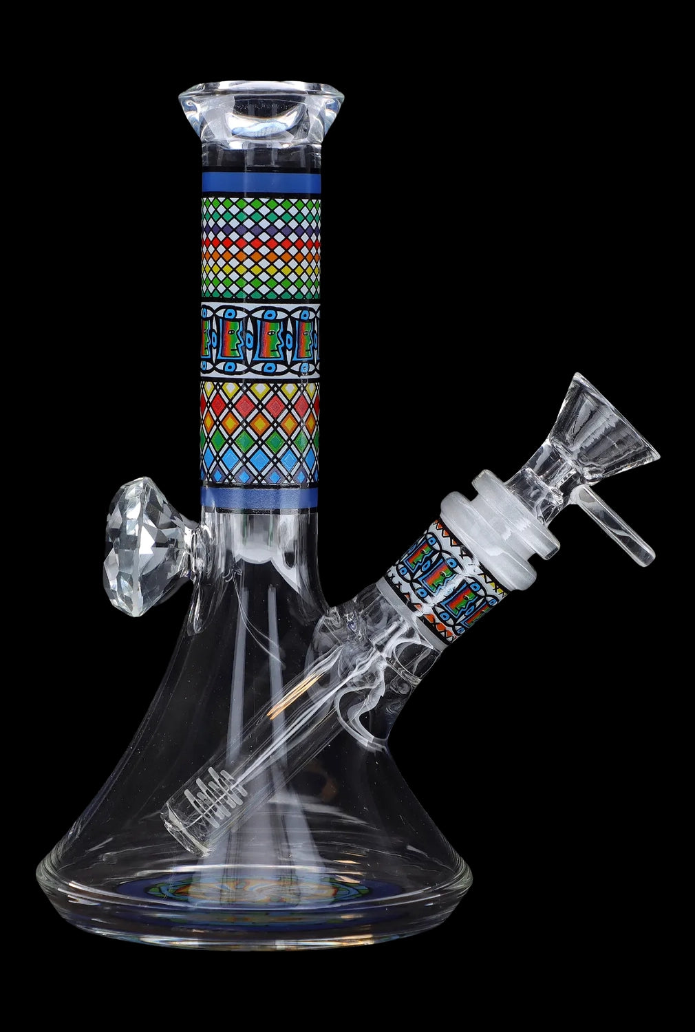 Glass water pipe (bong) with colorful geometric patterns and a clear glass bowl.