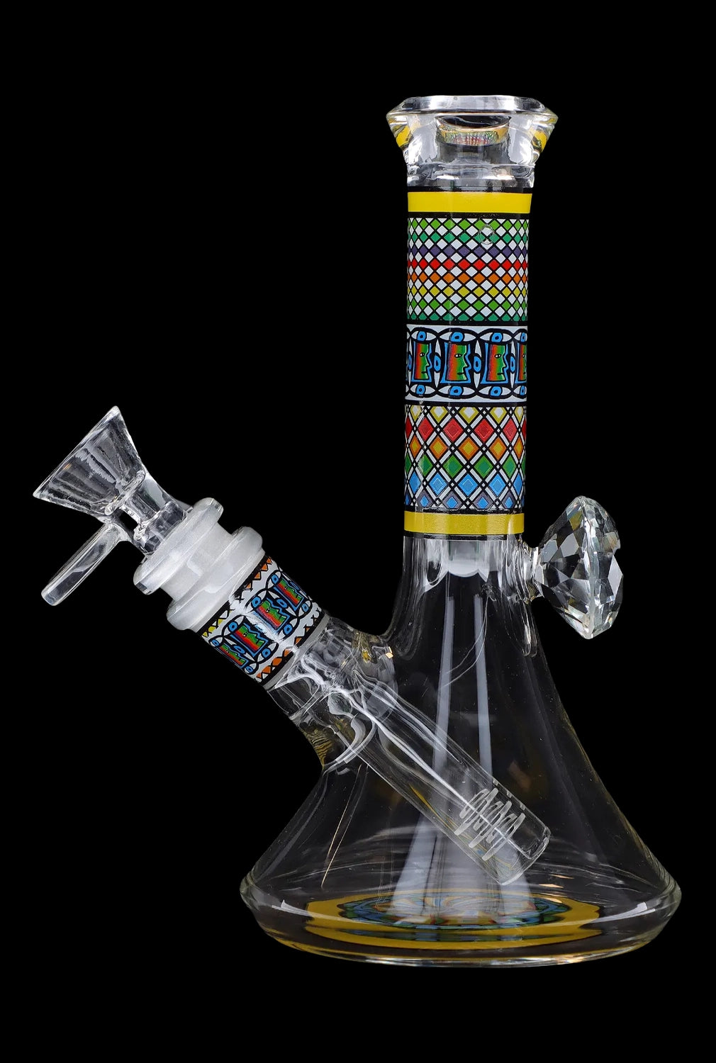 Glass water pipe (bong) with colorful geometric patterns against a black background.