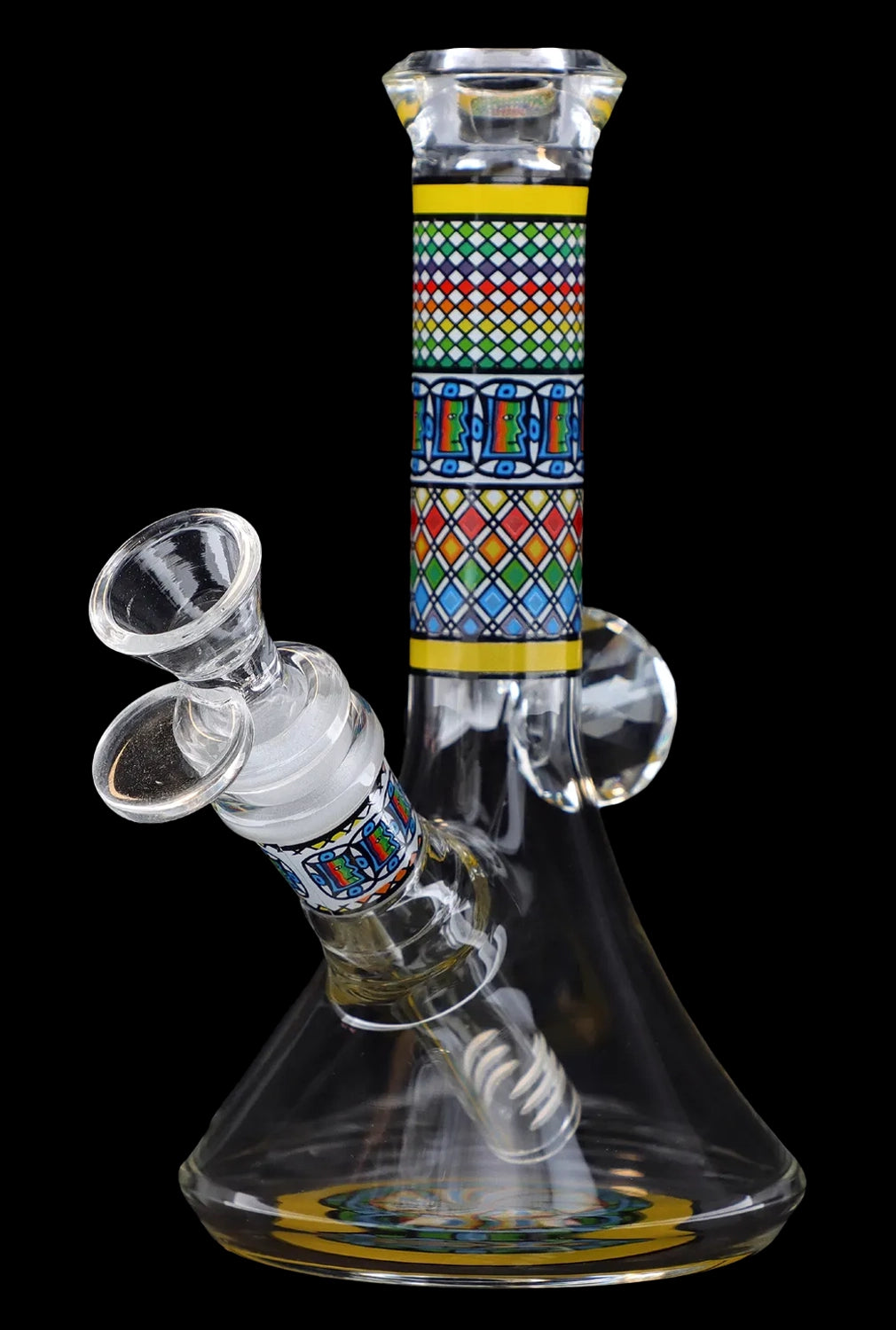 Front view of the 7-inch Diamond Beaker w/ Colourful Tube, showcasing its clear glass construction and vibrant, patterned central tube.