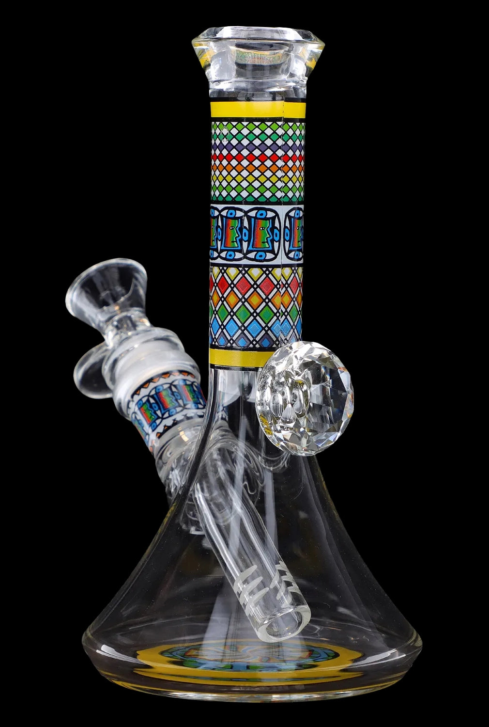 Front view of the 7-inch Diamond Beaker w/ Colourful Tube, showing a glass beaker with a vibrant, patterned central tube.
