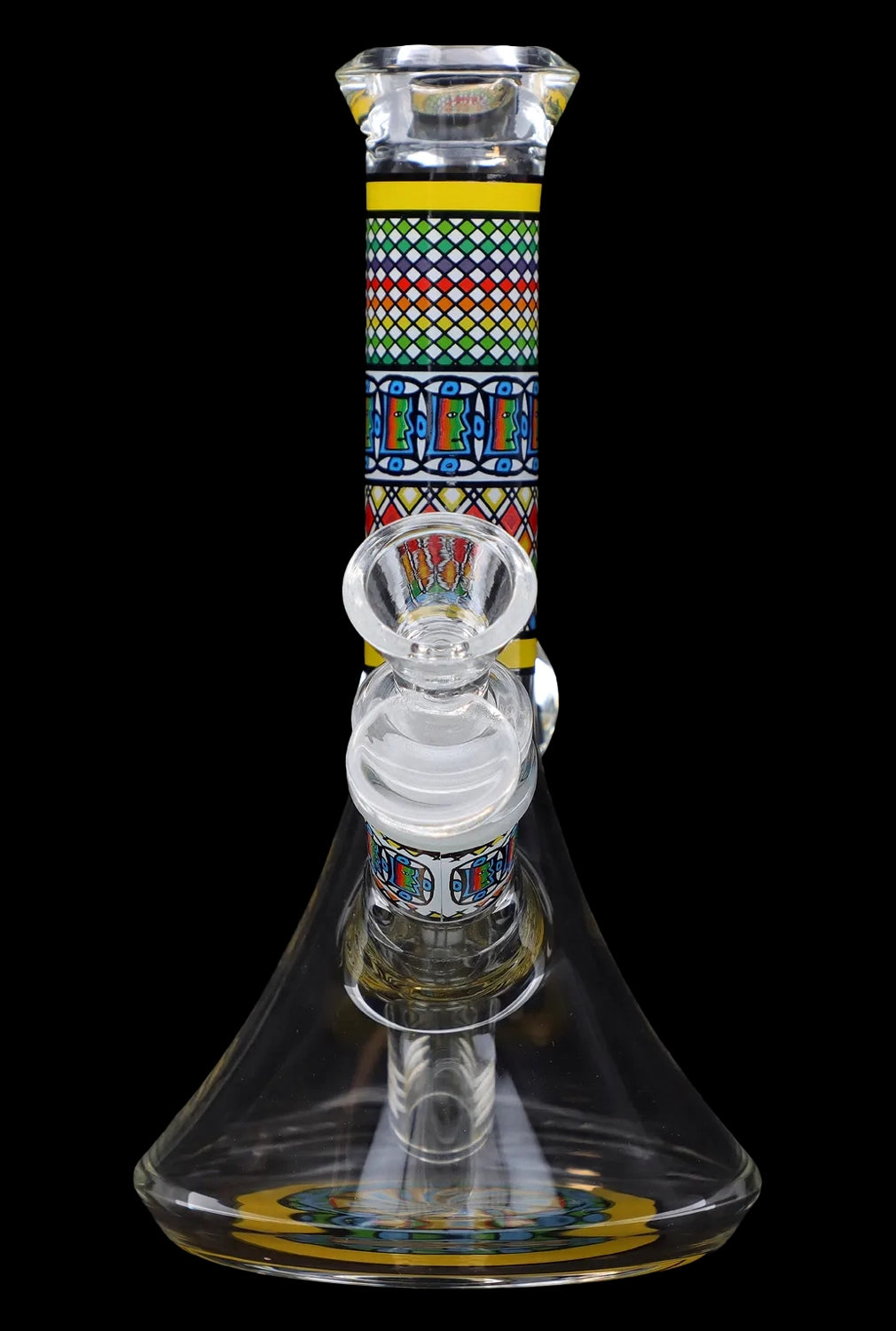 Front view of the 7-inch Diamond Beaker w/ Colourful Tube, showcasing a clear glass beaker with a vibrant, patterned central tube.