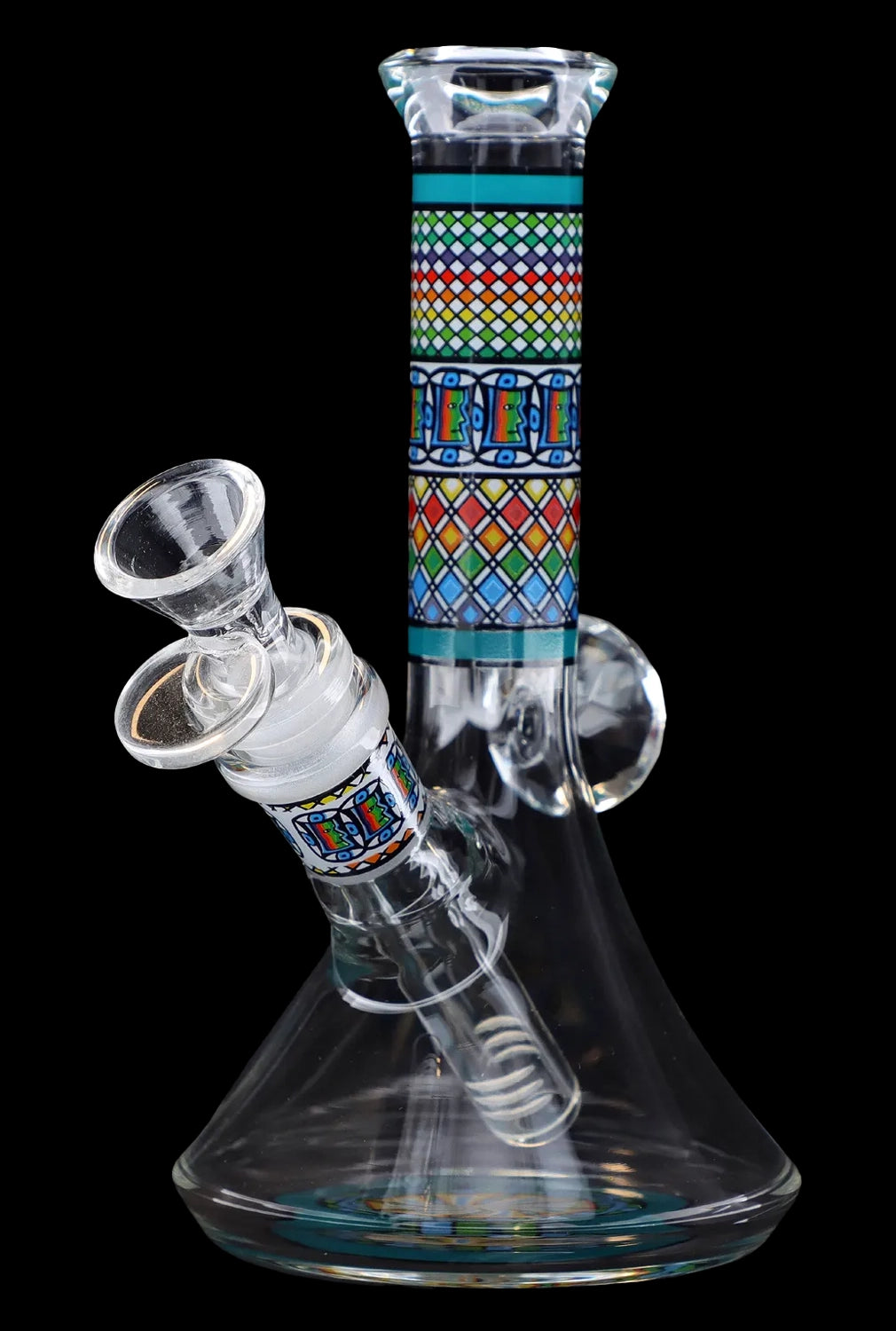 Front view of the 7-inch Diamond Beaker with Colourful Tube, showcasing its clear glass construction and vibrant patterned central section.