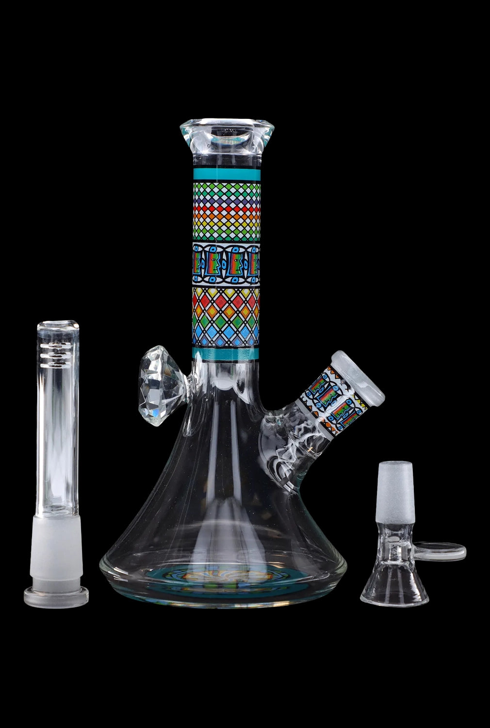 Glass water pipe (bong) with colorful Egyptian-themed designs, displayed with a downstem and glass bowl.