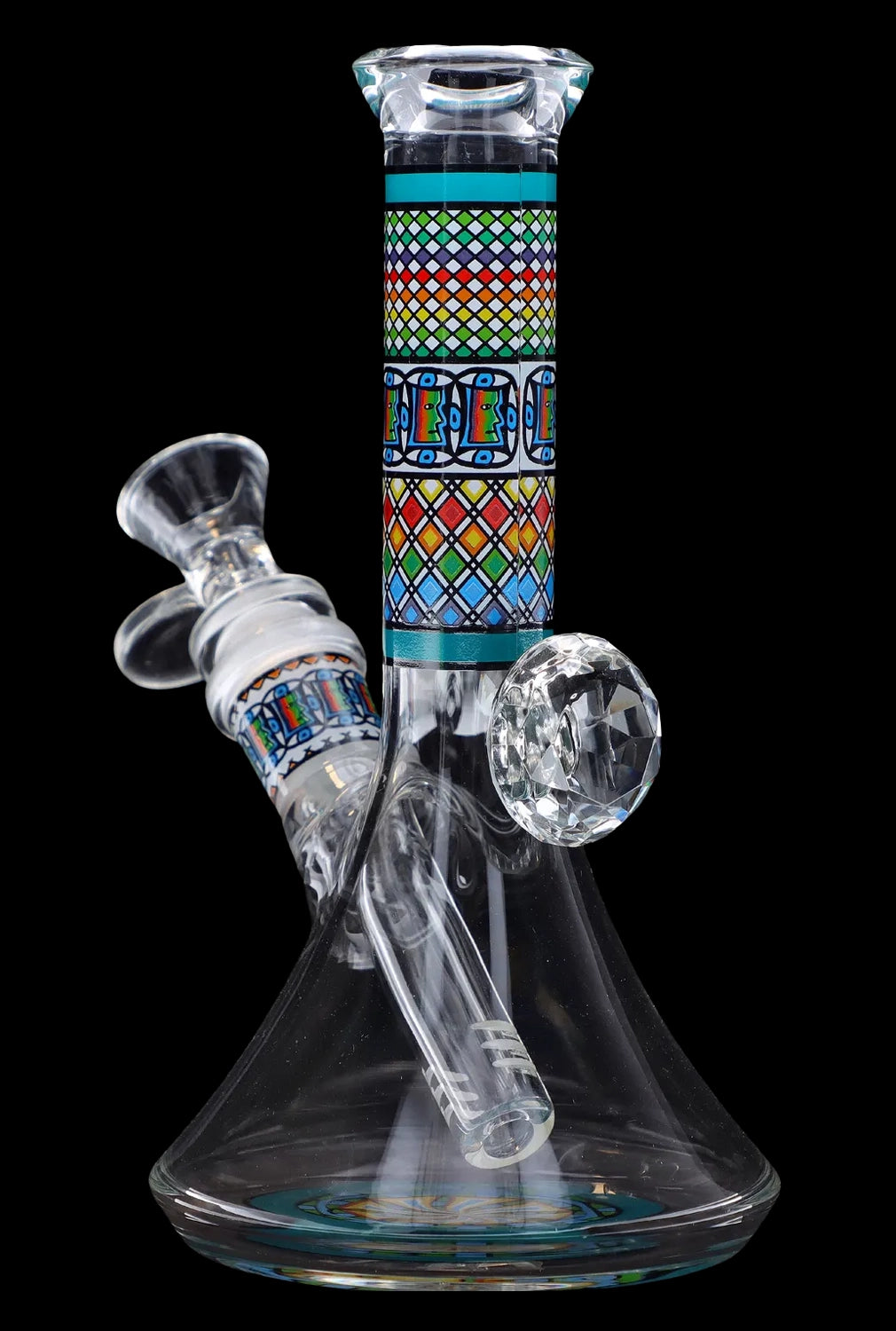 Hand-blown glass water pipe (bong) with colorful geometric patterns.