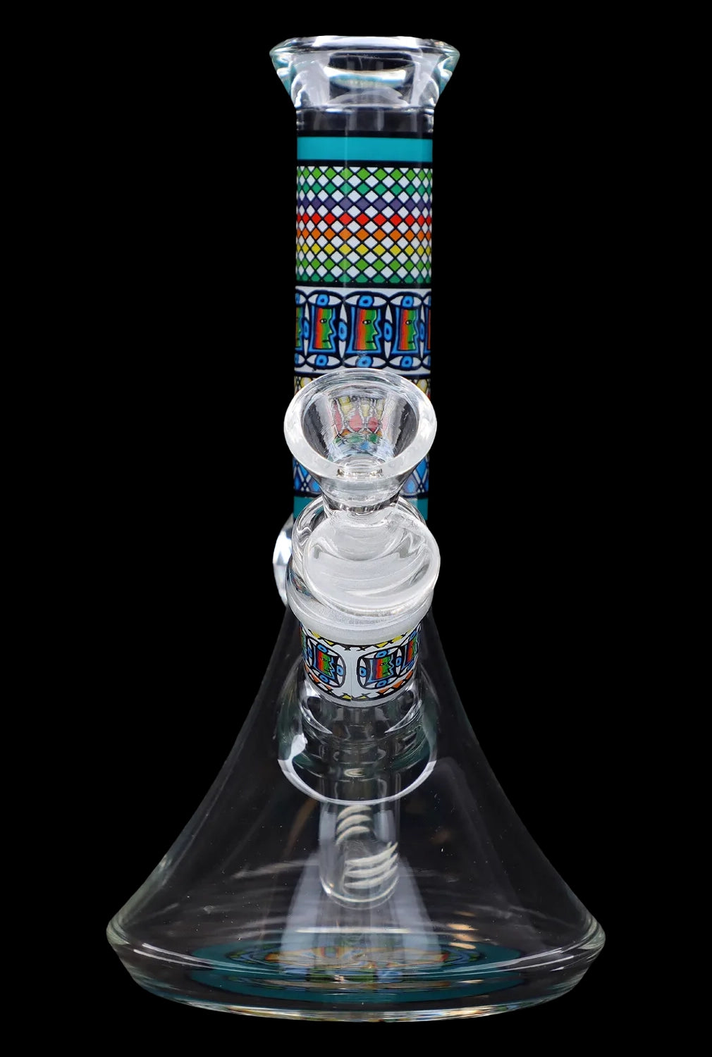 Front view of the 7-inch Diamond Beaker with Colourful Tube, showcasing its patterned glass and beaker shape against a black background.