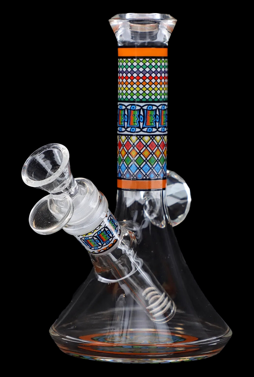 Hand-blown glass water pipe (bong) with colorful patterned accents.
