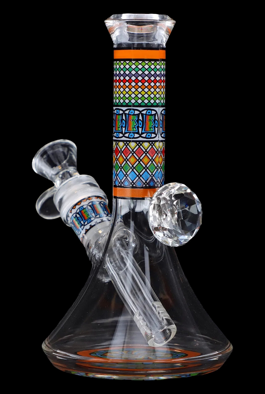 Hand-blown glass water pipe (bong) with colorful geometric patterns against a black background.