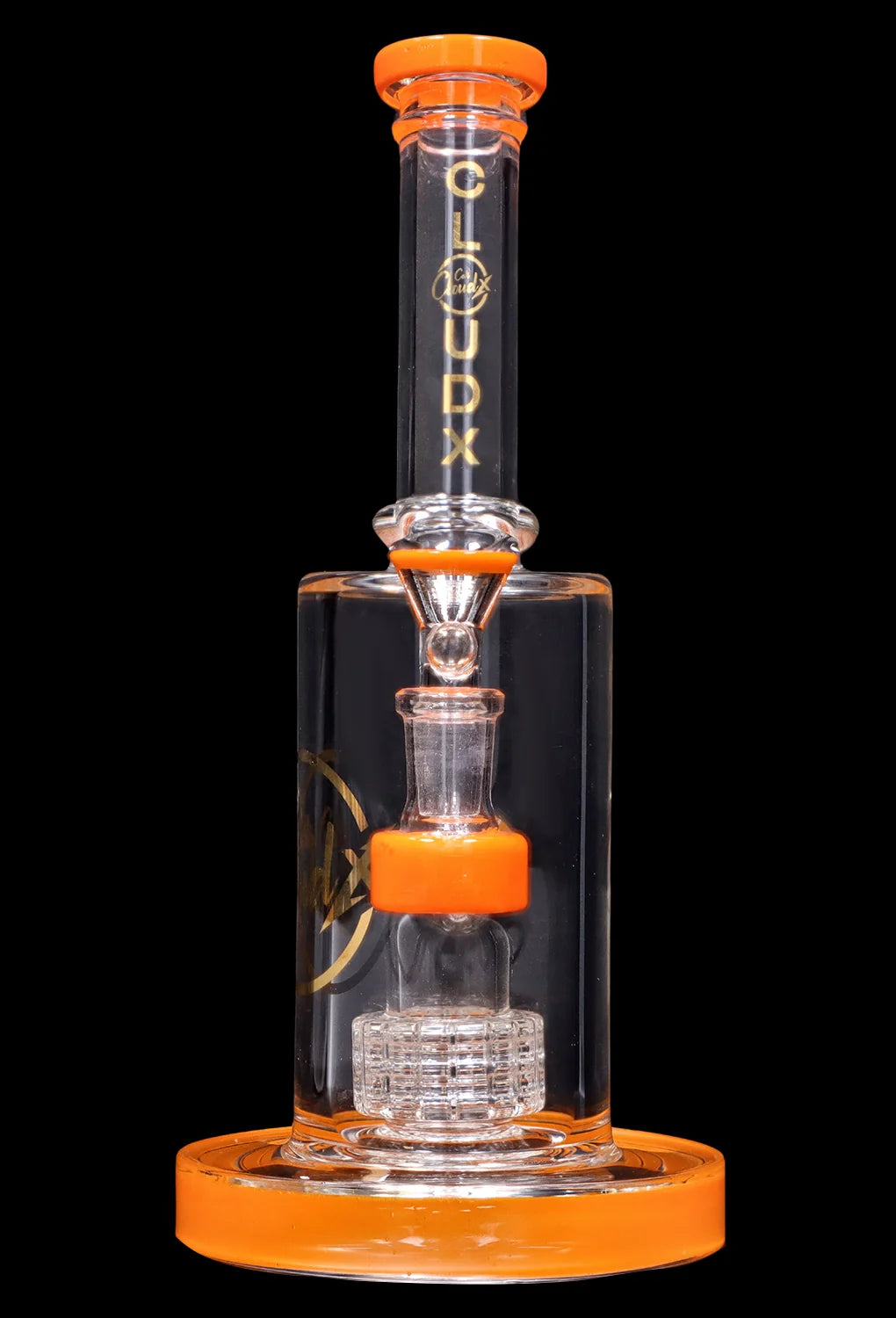 Center-frontal shot of the Smoke Cartel 8-inch Showerhead Dual-Use Water Pipe w/ Colored Accents with orange rim and accents.