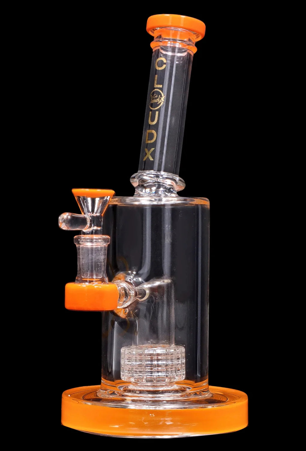 Vertical close-up of the Smoke Cartel 8-inch Showerhead Dual-Use Water Pipe w/ Colored Accents showing clear glass with bright orange accents against a black background.