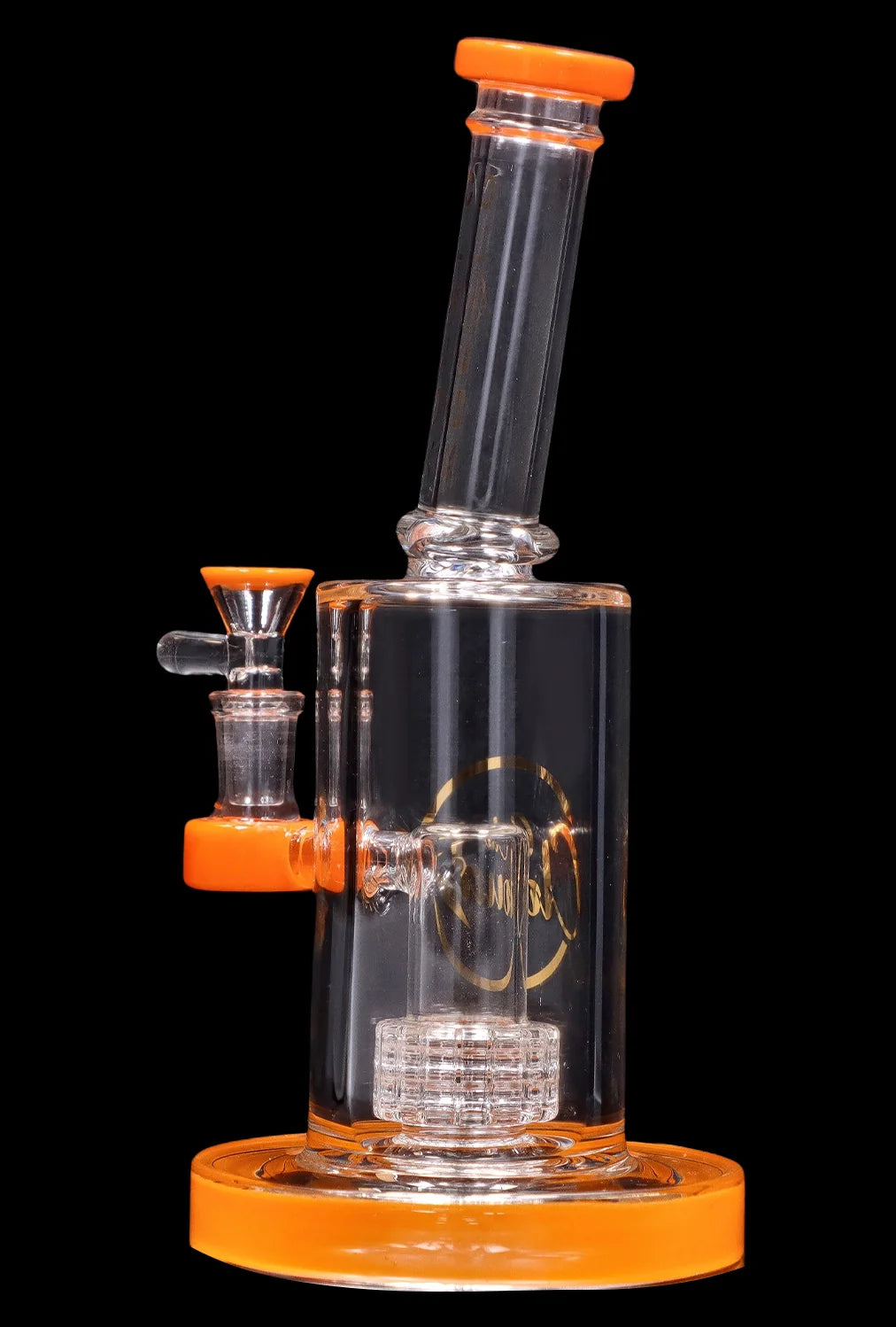 Angled studio shot of the Smoke Cartel 8-inch Showerhead Dual-Use Water Pipe w/ Colored Accents showing clear glass with bright orange accents, internal percolator, and black background