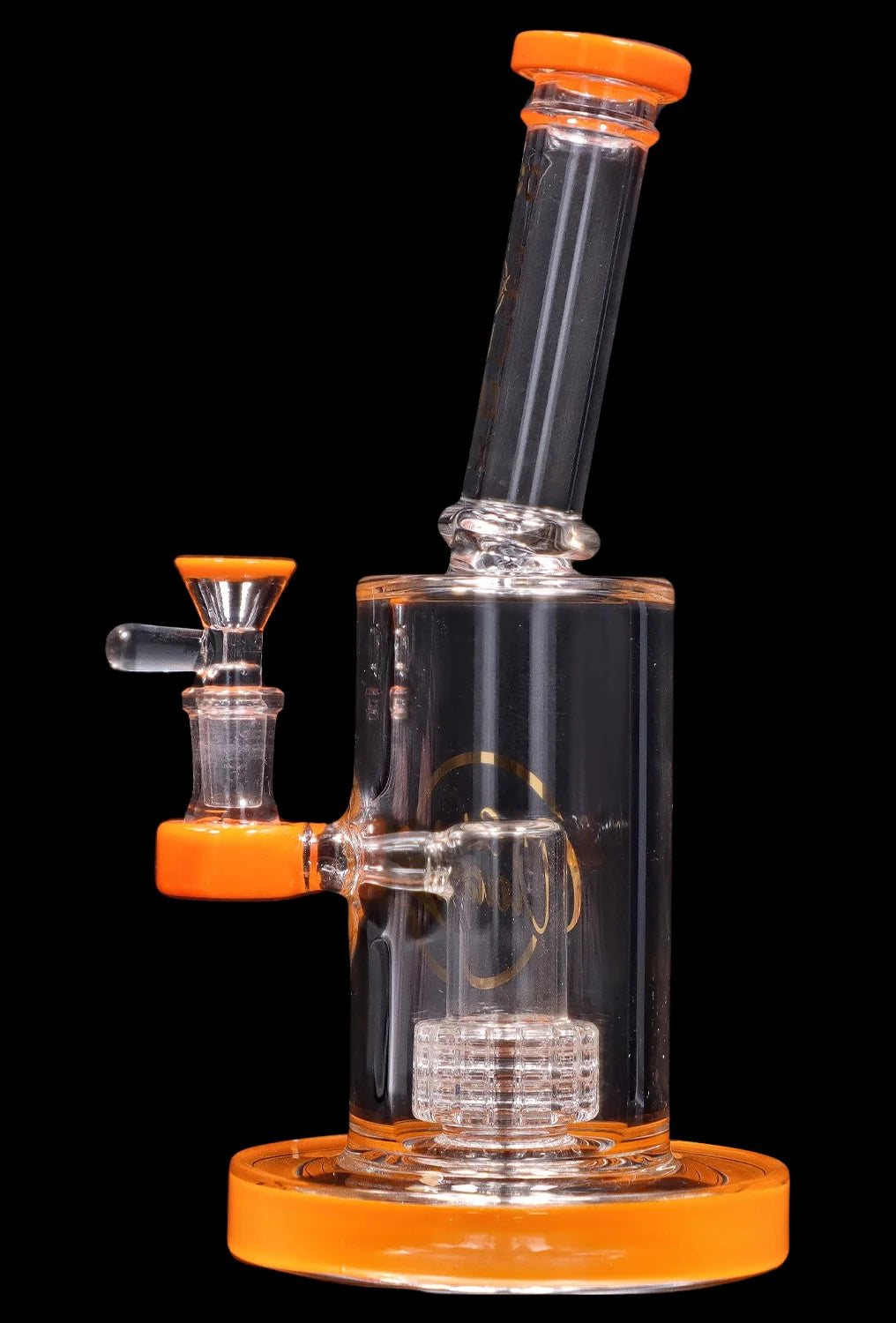 Close-up, angled view of the Smoke Cartel 8-inch Showerhead Dual-Use Water Pipe w/ Colored Accents showing clear glass with bright orange accents against a black background.