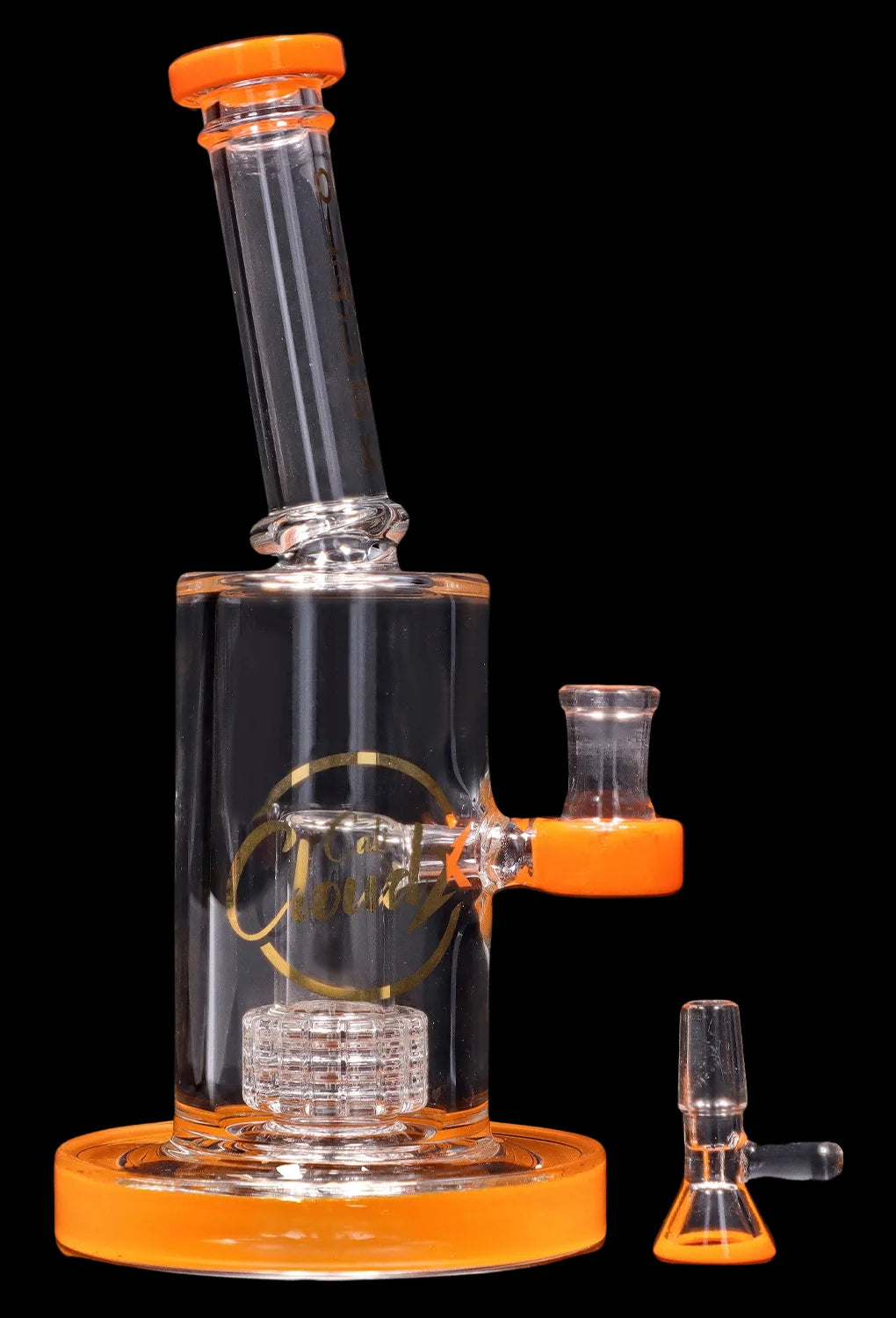 Vertical close-up of the Smoke Cartel 8-inch Showerhead Dual-Use Water Pipe w/ Colored Accents showing clear glass with bright orange accents, a showerhead percolator, and a tilted mouthpiece on a black background