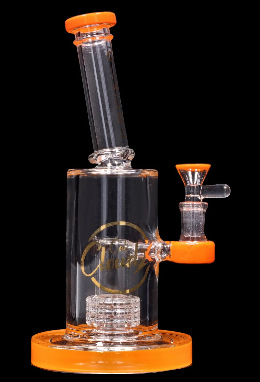Straight-on view of the Smoke Cartel 8-inch Showerhead Dual-Use Water Pipe w/ Colored Accents in clear glass with bright orange accents against a black background.