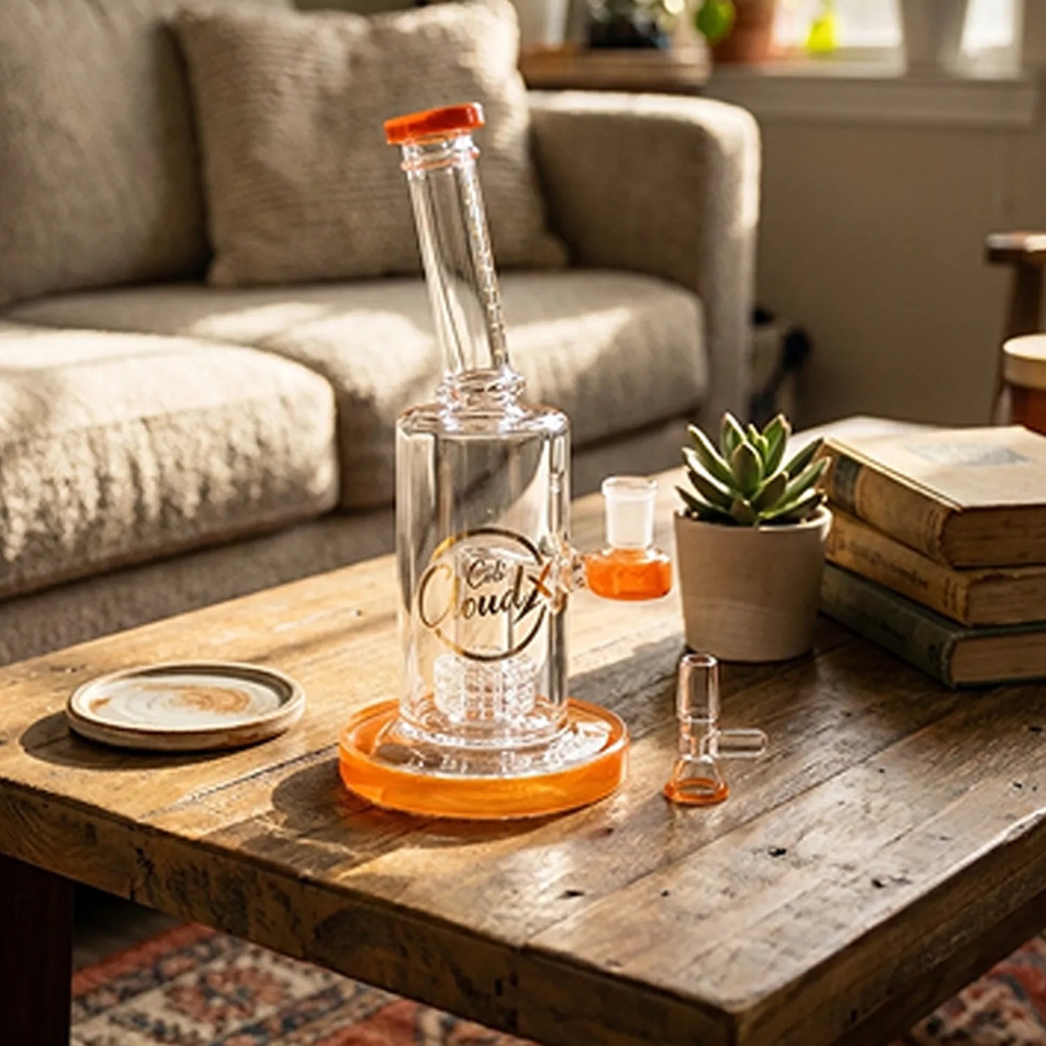 Angled close-up of the Smoke Cartel 8-inch Showerhead Dual-Use Water Pipe w/ Colored Accents on a wooden coffee table.