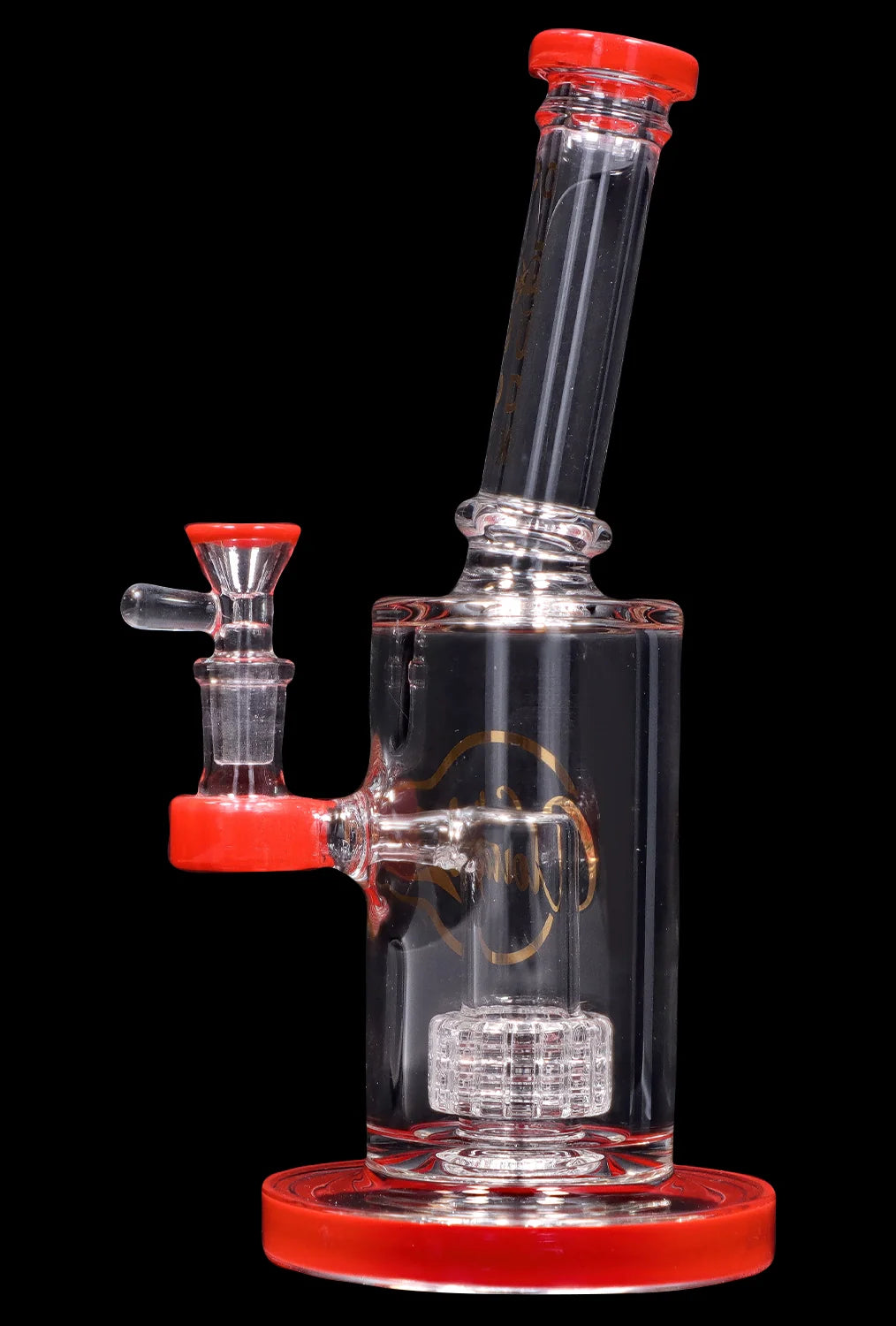 Angled close-up of the Smoke Cartel 8-inch Showerhead Dual-Use Water Pipe w/ Colored Accents showing clear glass with red accents on a black background