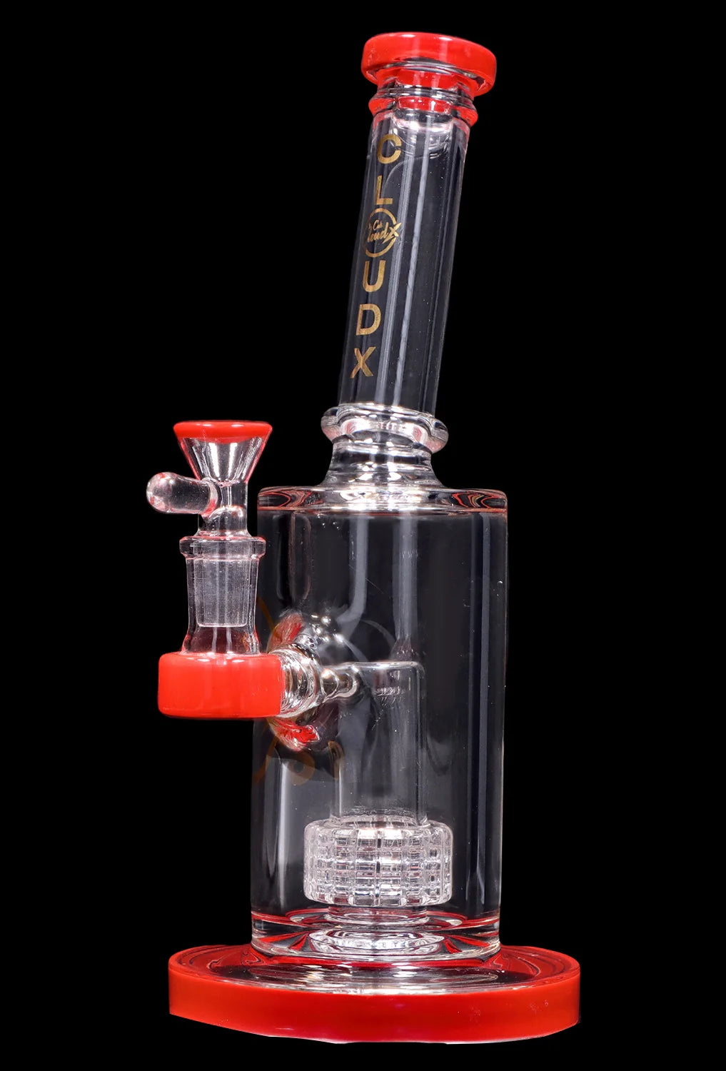 Vertical front view of the Smoke Cartel 8-inch Showerhead Dual-Use Water Pipe w/ Colored Accents showing clear glass with red accents and a black background