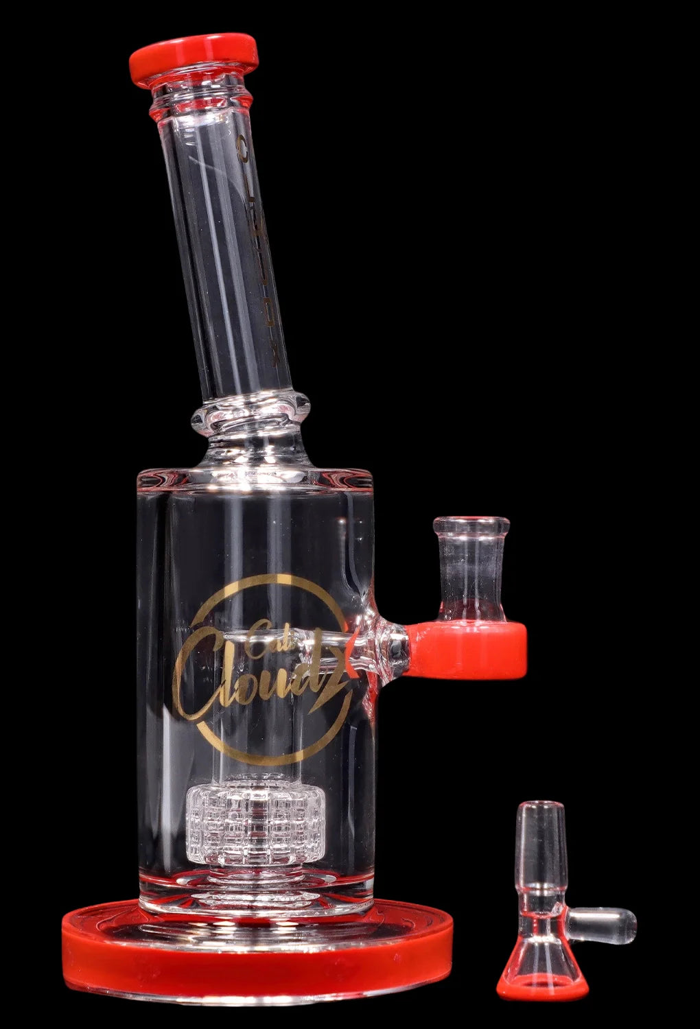 Angled close-up of the Smoke Cartel 8-inch Showerhead Dual-Use Water Pipe w/ Colored Accents showing clear glass with red rim accents, internal showerhead percolator, and matching removable bowl against a black background