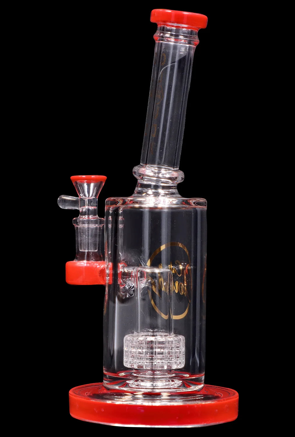 Angled front view of the Smoke Cartel 8-inch Showerhead Dual-Use Water Pipe w/ Colored Accents showing clear glass with red accents, percolator, and black background