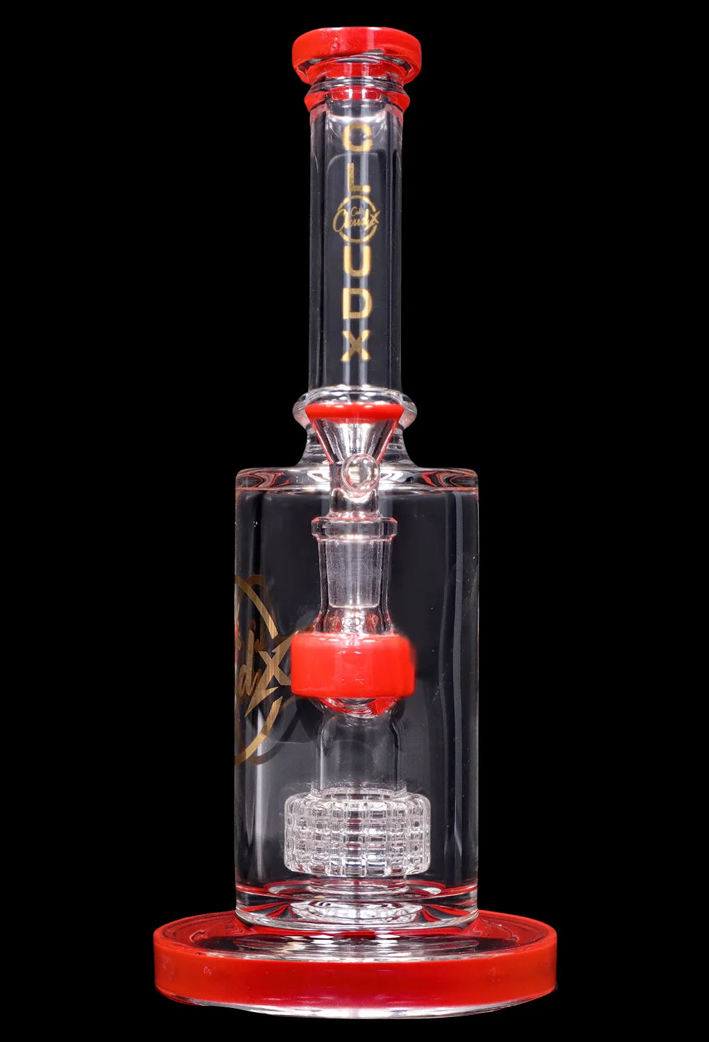 Centered front view of the Smoke Cartel 8-inch Showerhead Dual-Use Water Pipe w/ Colored Accents in clear glass with red trim.