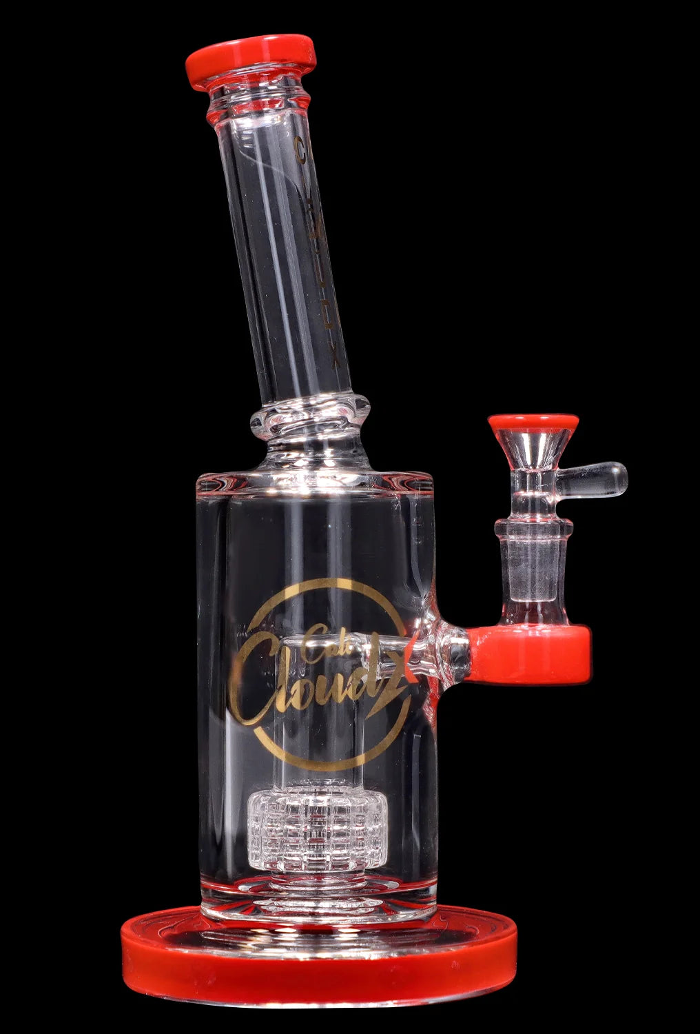Front view of the Smoke Cartel 8-inch Showerhead Dual-Use Water Pipe w/ Colored Accents showing a clear glass body with red rim accents, angled neck, and gold logo on a black background
