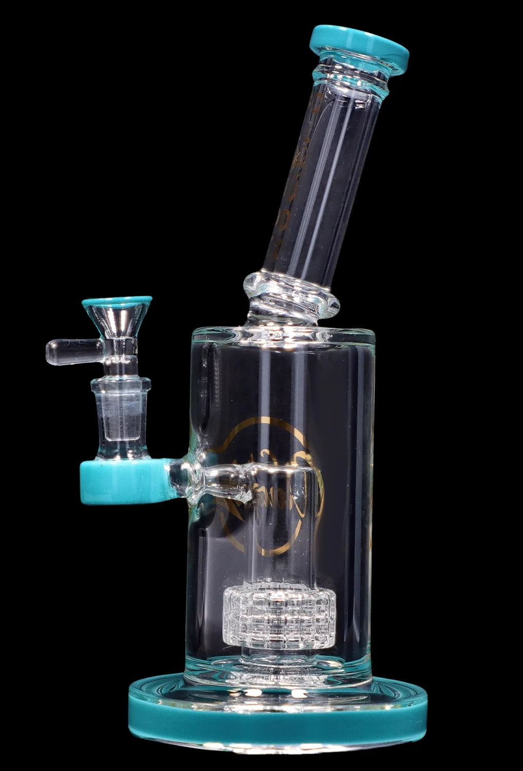 Angled close-up of the Smoke Cartel 8-inch Showerhead Dual-Use Water Pipe w/ Colored Accents showing clear glass construction with teal accents, a tilted mouthpiece, and internal showerhead percolator.