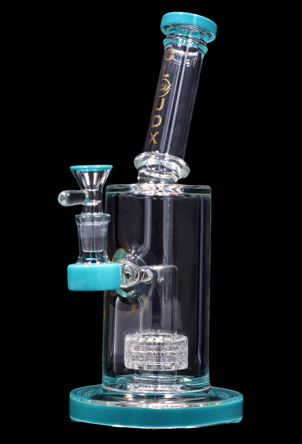 Straight-on studio shot of the Smoke Cartel 8-inch Showerhead Dual-Use Water Pipe w/ Colored Accents showing clear glass with turquoise rim accents and a tilted mouthpiece.