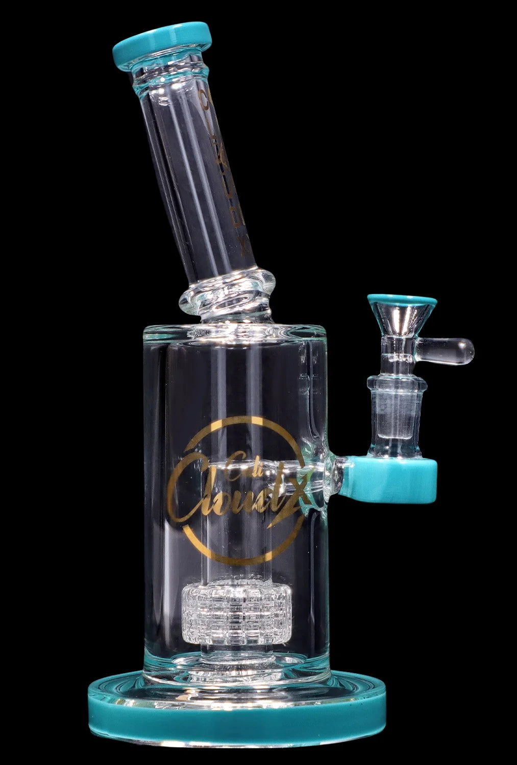 Angled front view of the Smoke Cartel 8-inch Showerhead Dual-Use Water Pipe w/ Colored Accents showing clear glass with turquoise rim accents and a gold logo on a black background