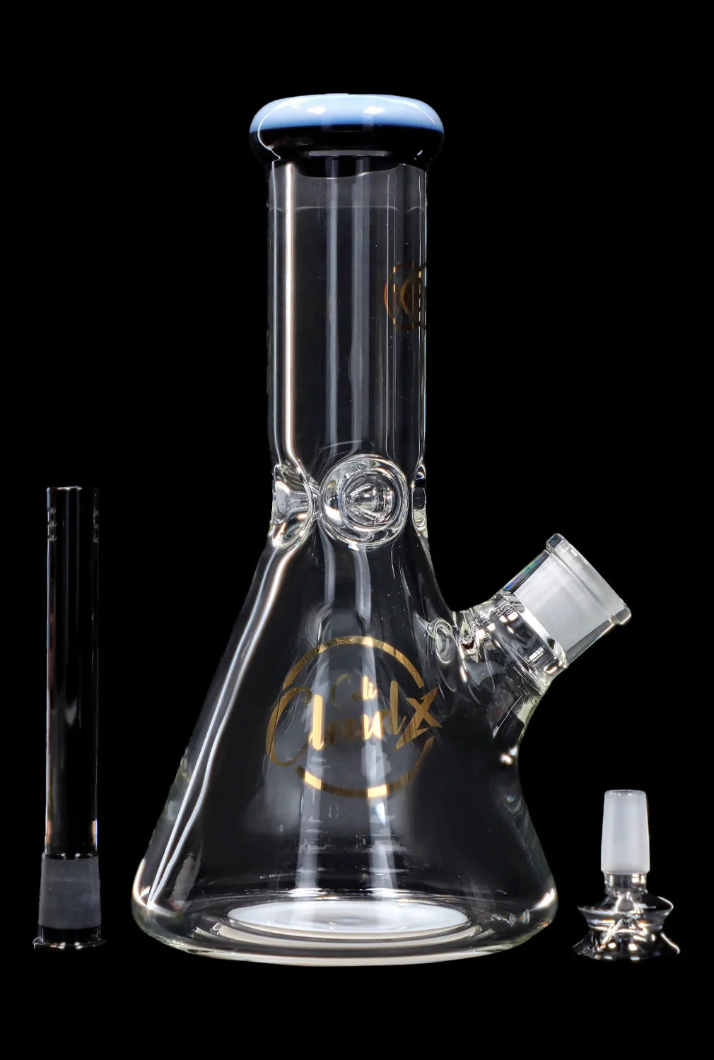 Glass beaker bong with downstem and bowl, isolated on a black background.