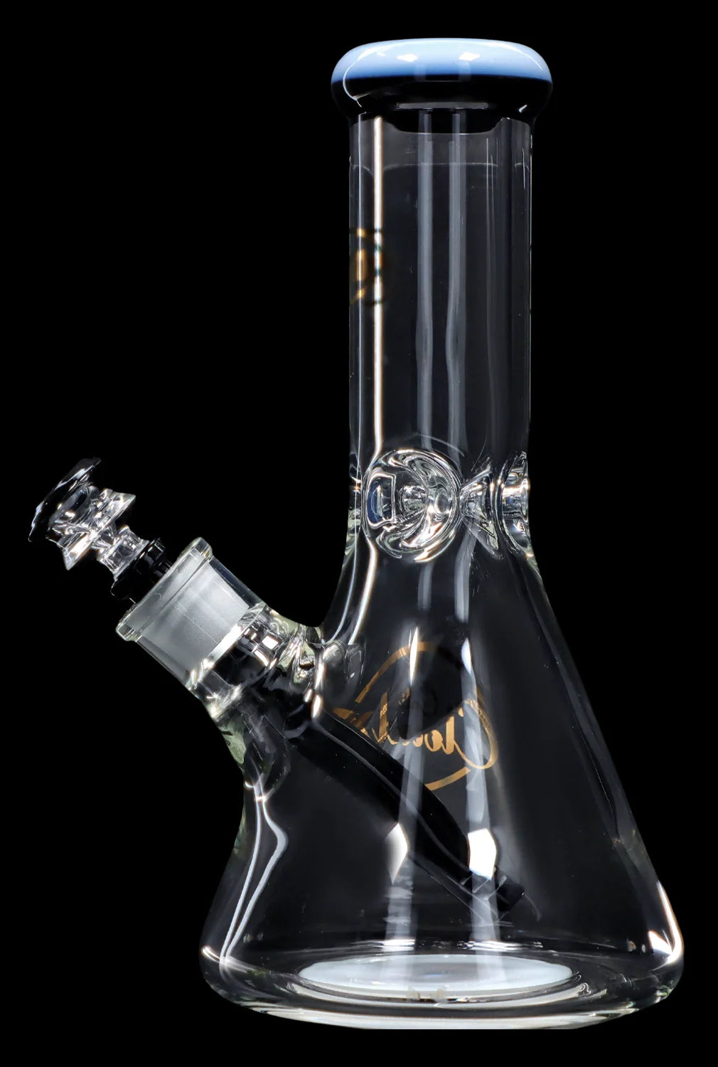Clear glass bong with intricate bubble detailing and a blue mouthpiece, displayed against a black background.