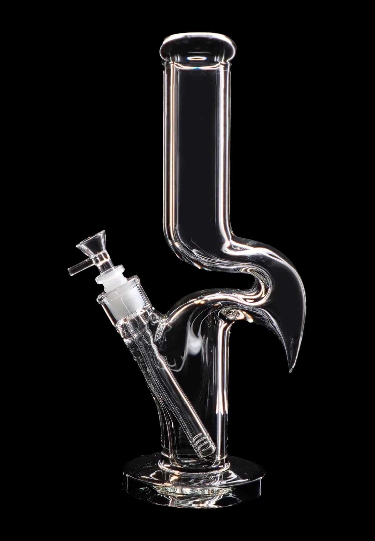 Clear glass water pipe (bong) with intricate curves and a removable bowl piece, isolated on a black background."