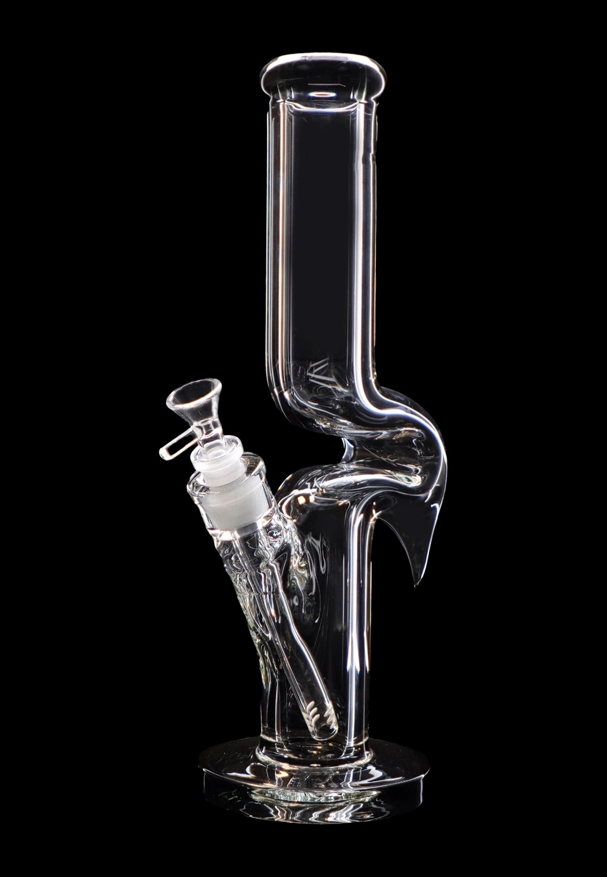 Clear glass water pipe (bong) with intricate curves and a detachable downstem, isolated on a black background.