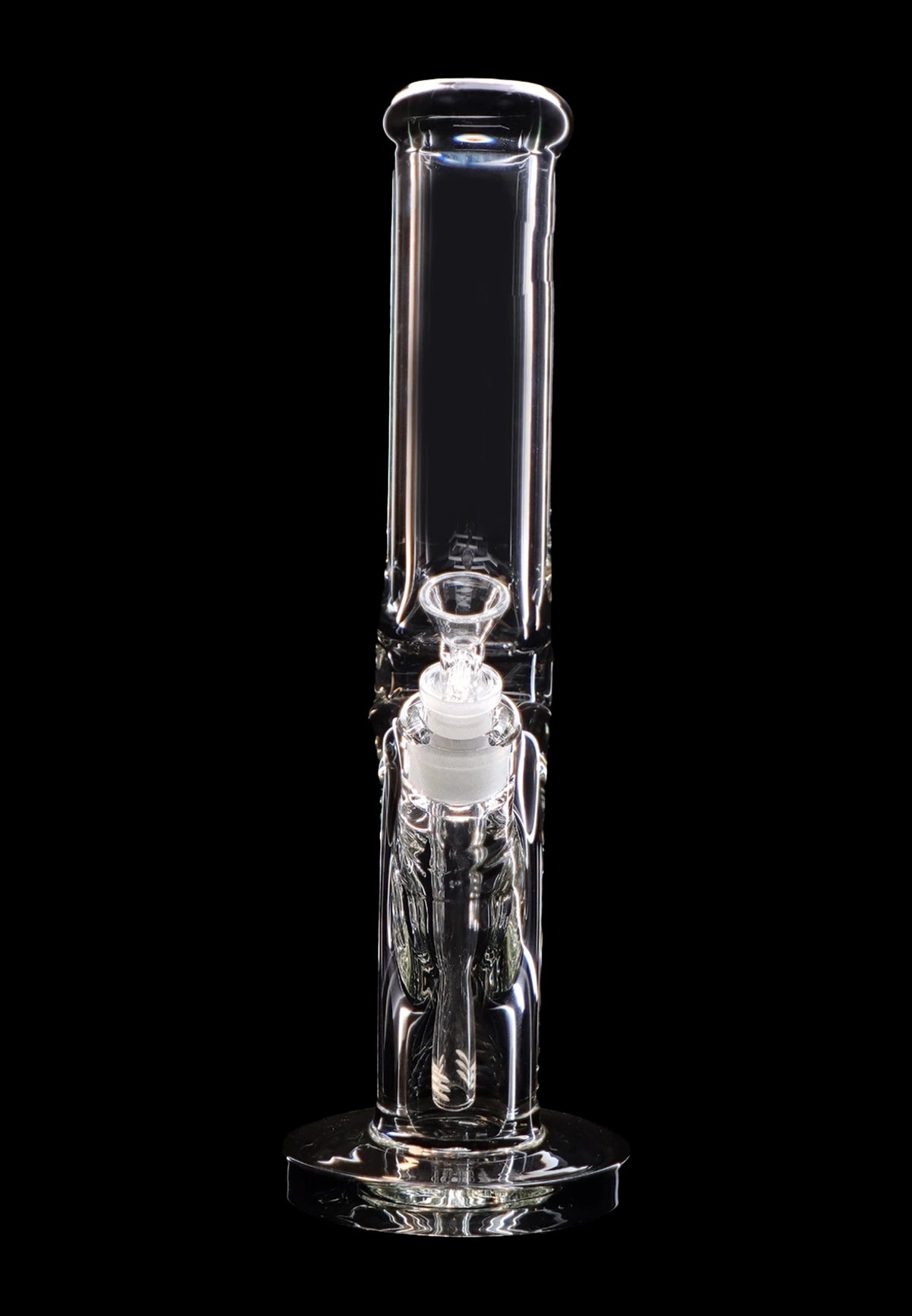 Clear glass water pipe (bong) with intricate design, isolated on black.