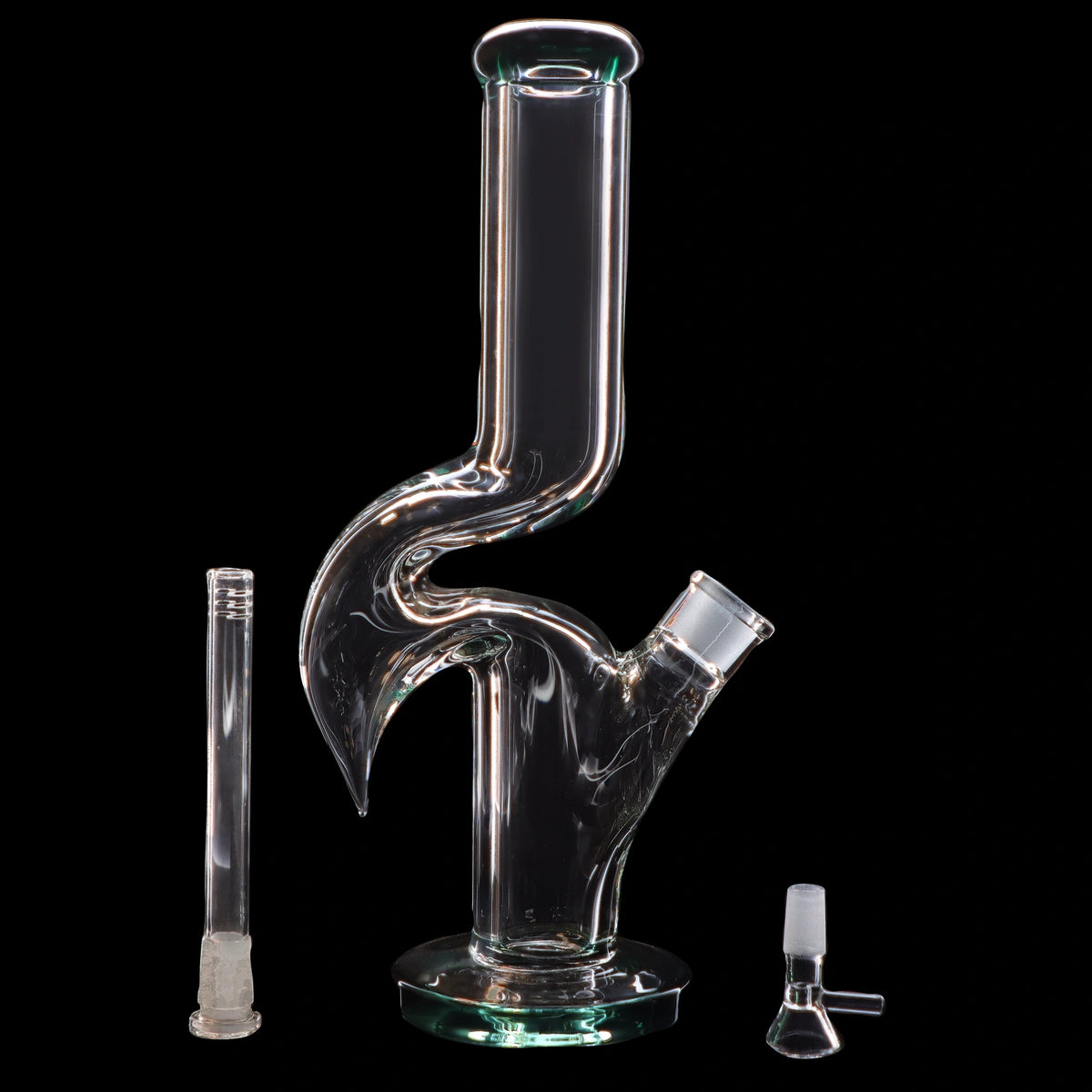 A clear glass water pipe (bong) with a complex percolator design, accompanied by a glass downstem and bowl, isolated on a black background.