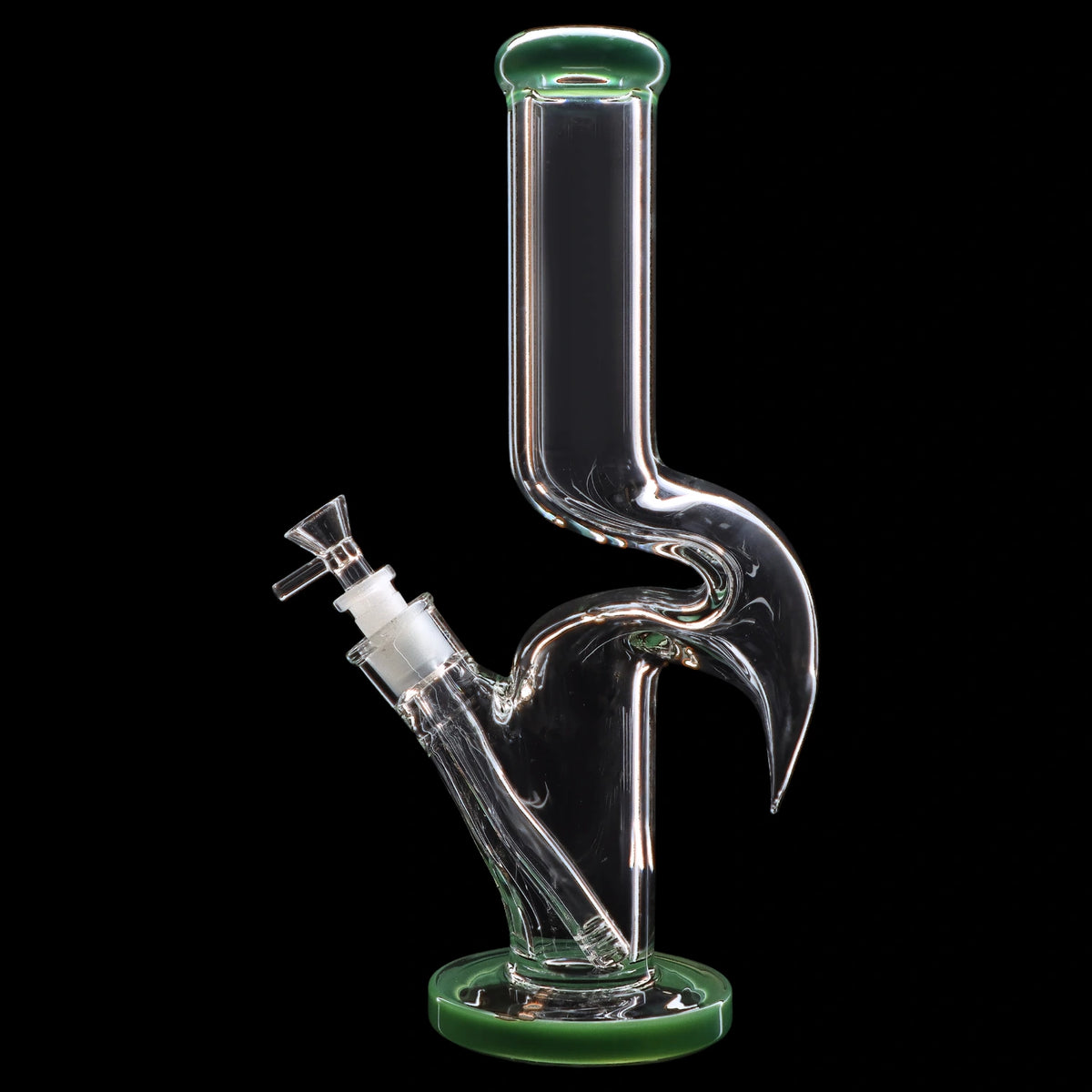 Clear glass water pipe (bong) with green accents and intricate curves, isolated on a black background.