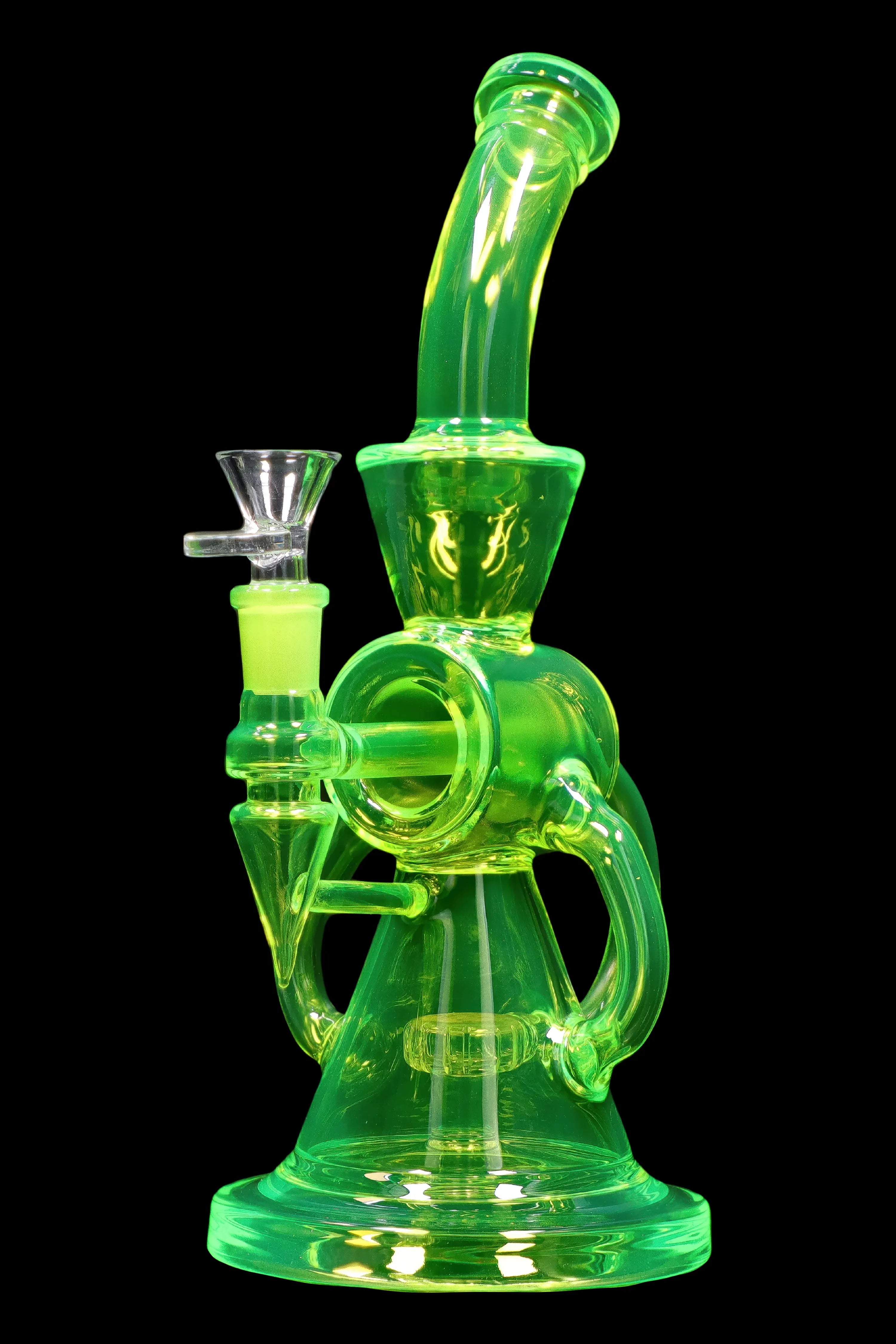 Green glass water pipe (rig) with a bowl piece, studio shot on black background.