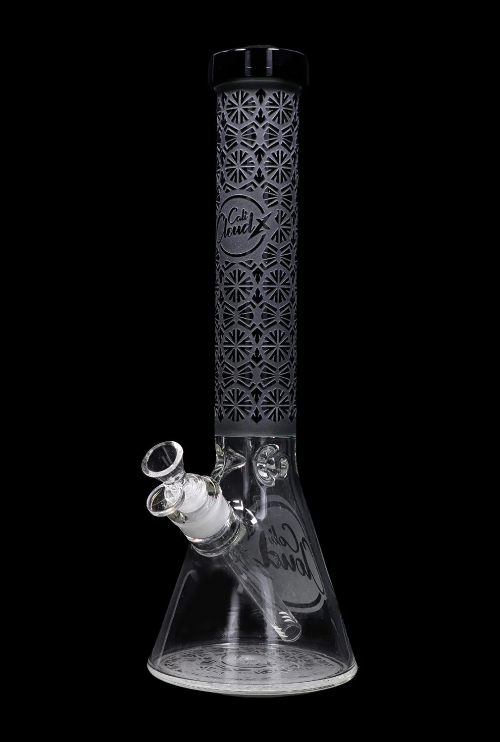 A clear glass bong with a patterned black neck and base, featuring a glass bowl and downstem.