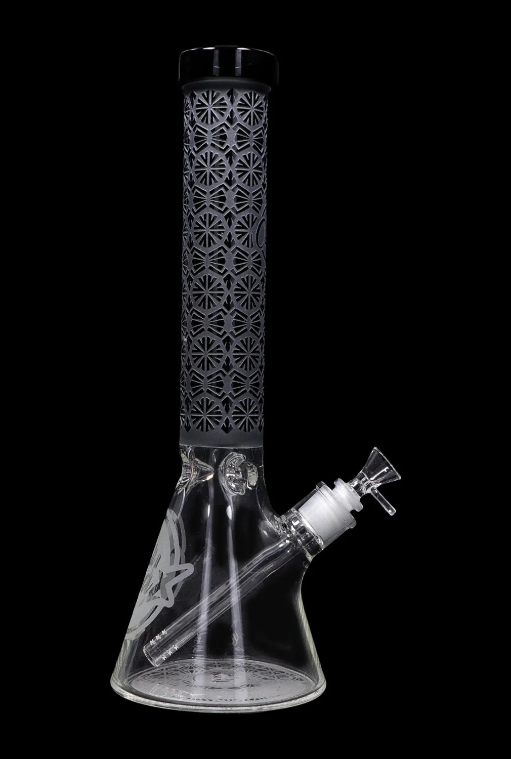 Tall glass water pipe (bong) with intricate black geometric pattern.