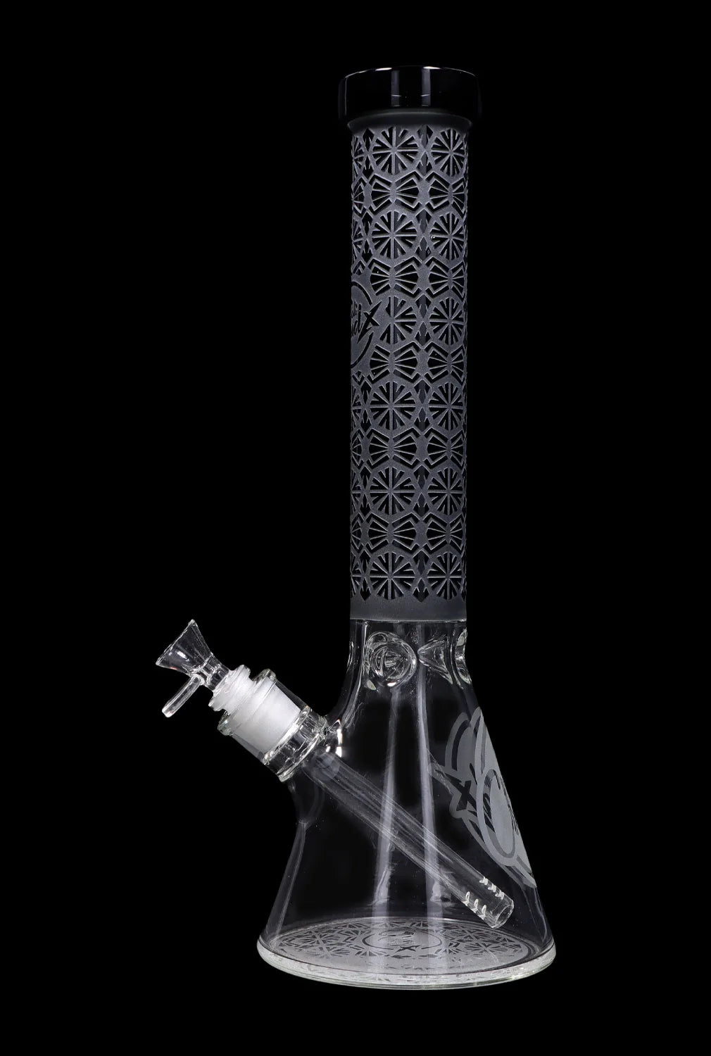 Tall glass bong with intricate geometric patterns and a removable downstem.