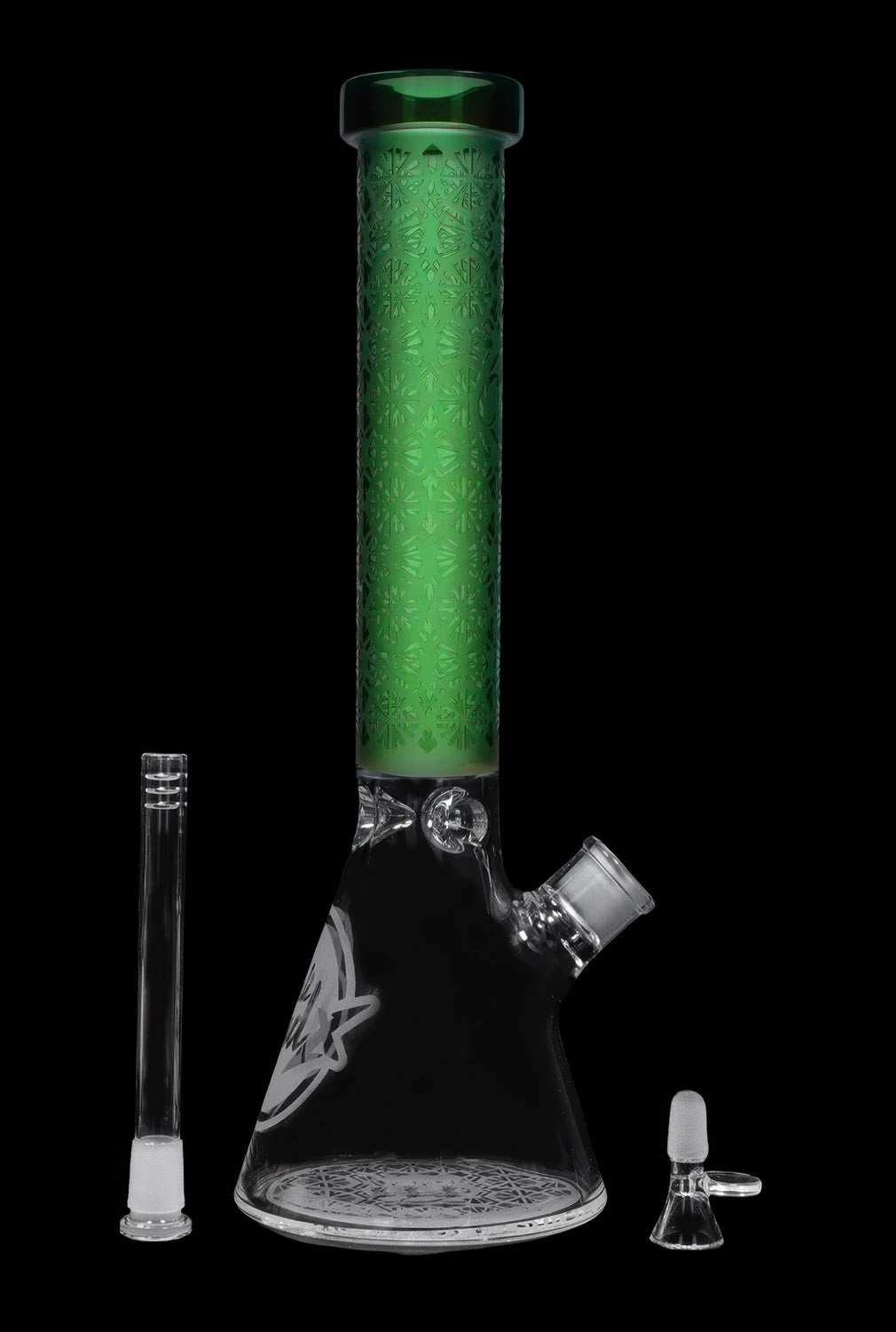 A front view of the 14-inch Patterned Printed w/ Coloured Tube Beaker in green glass, displaying its etched pattern and angled tube.