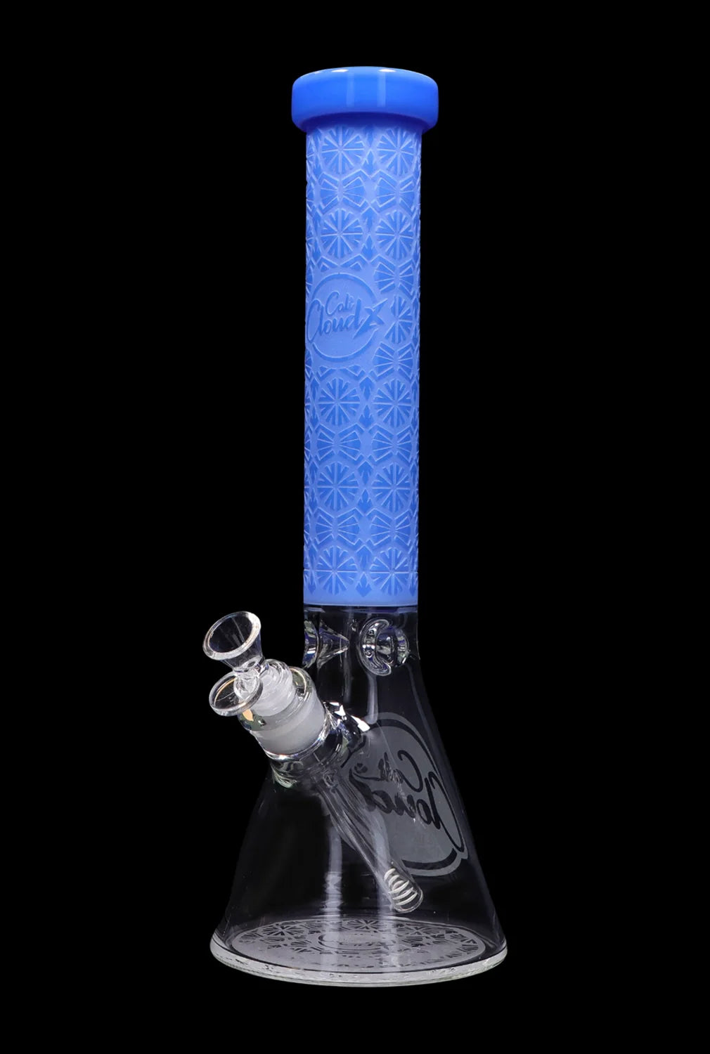 A studio shot of the 14-inch Patterned Printed w/ Milky Blue beaker, showing its textured blue tube and classic beaker shape.