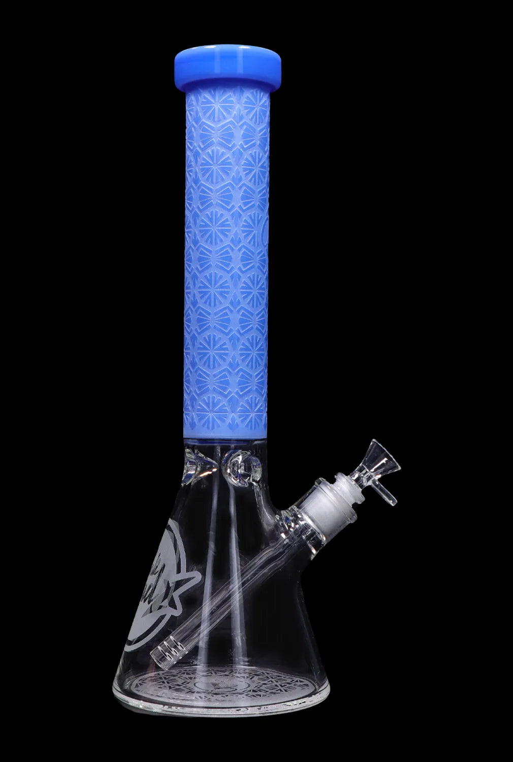 Front view of the 14-inch Patterned Printed w/ Coloured Tube Beaker in milky blue, showcasing its patterned design against a black background.