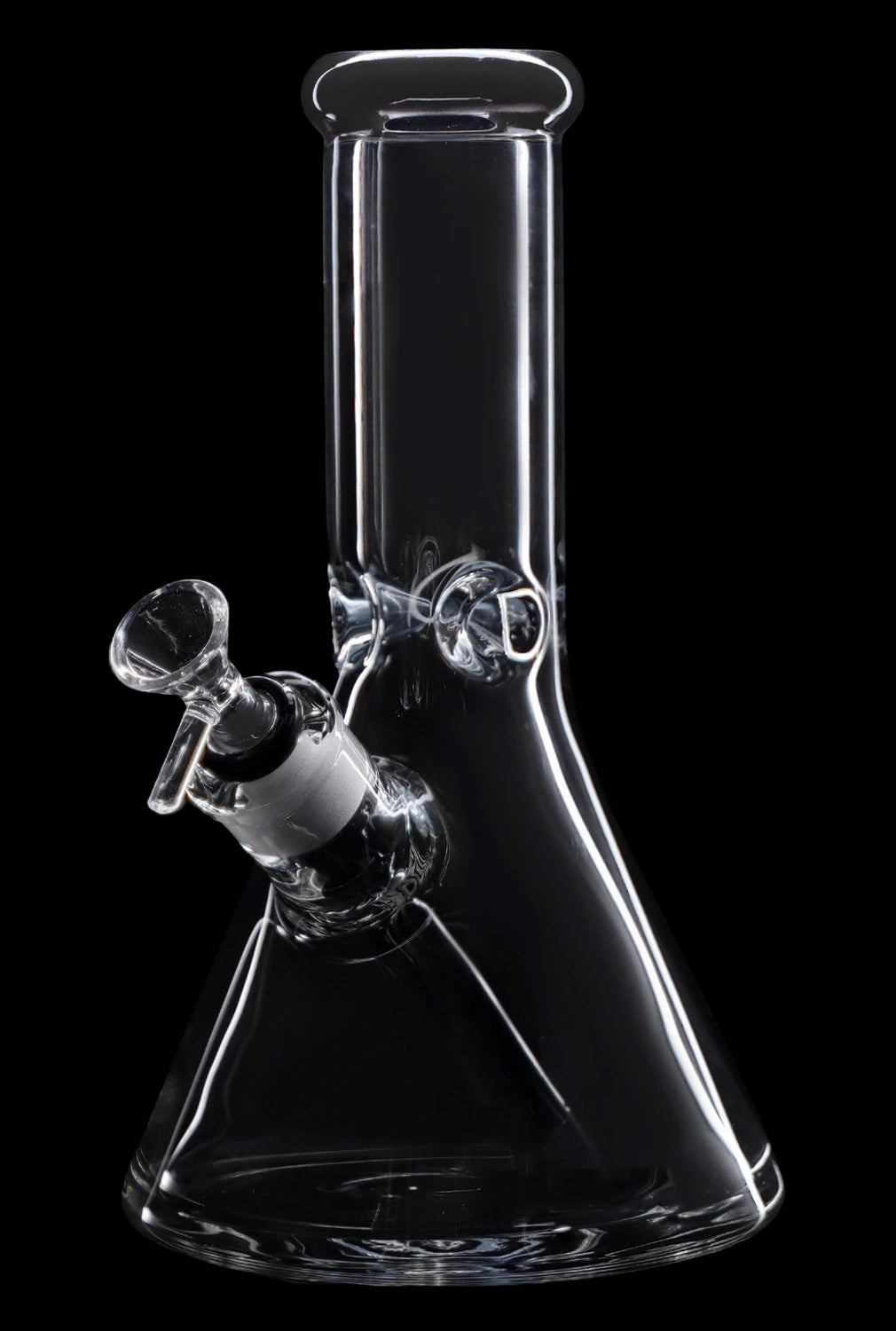Clear glass bong with a downstem and bowl against a black background.