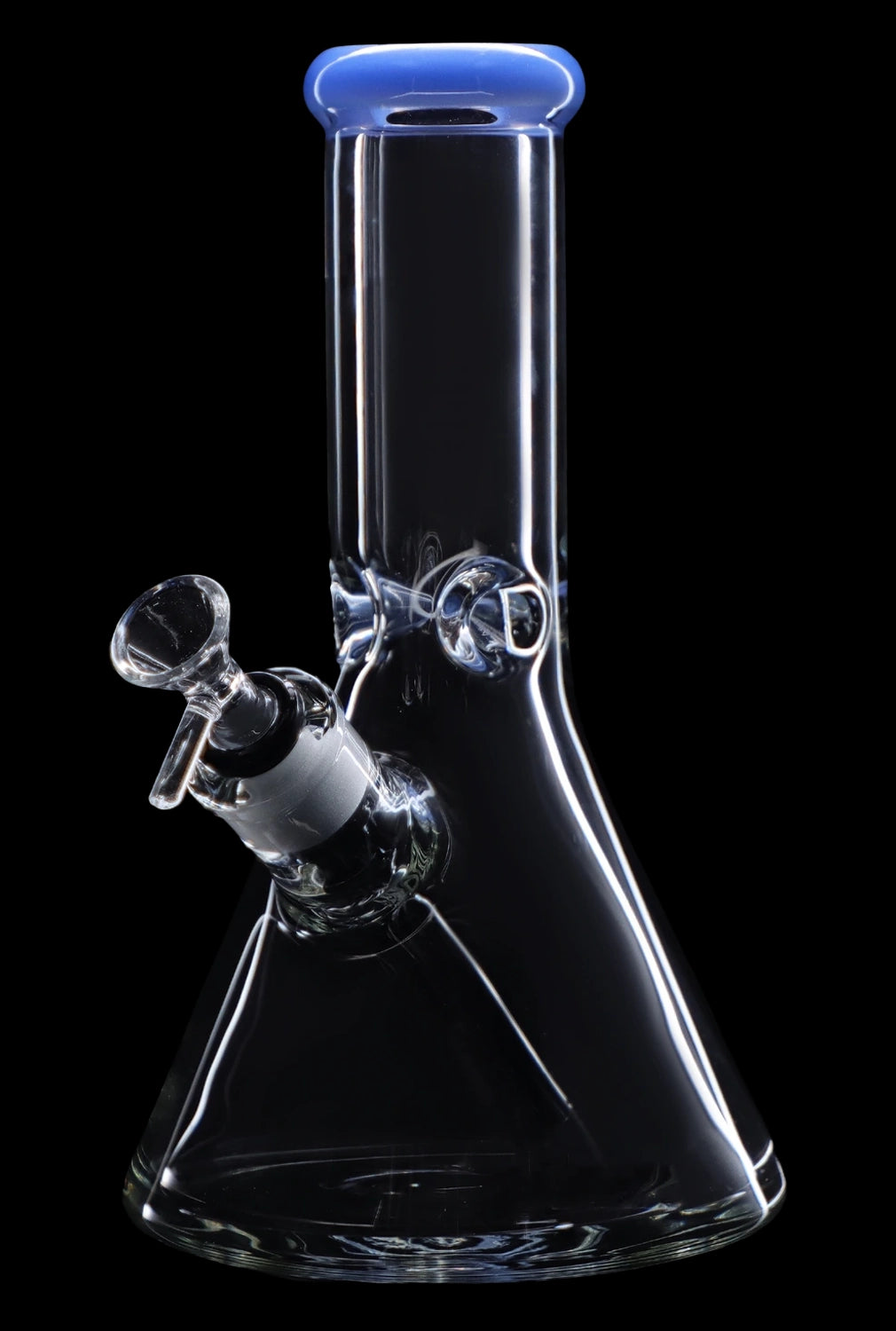 Clear glass bong with blue accents, featuring a downstem and bowl.