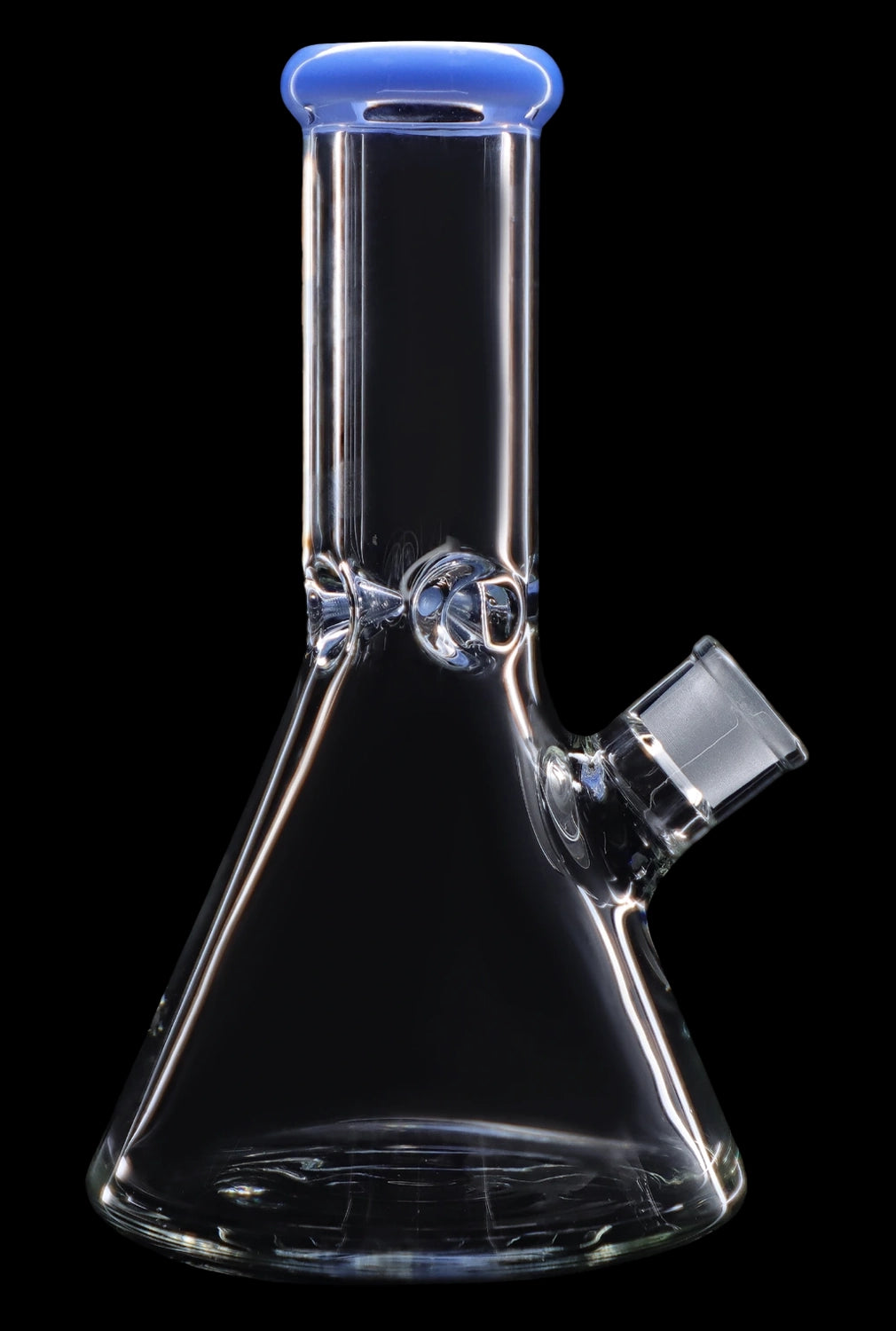 Clear glass bong with blue accents, isolated on black.