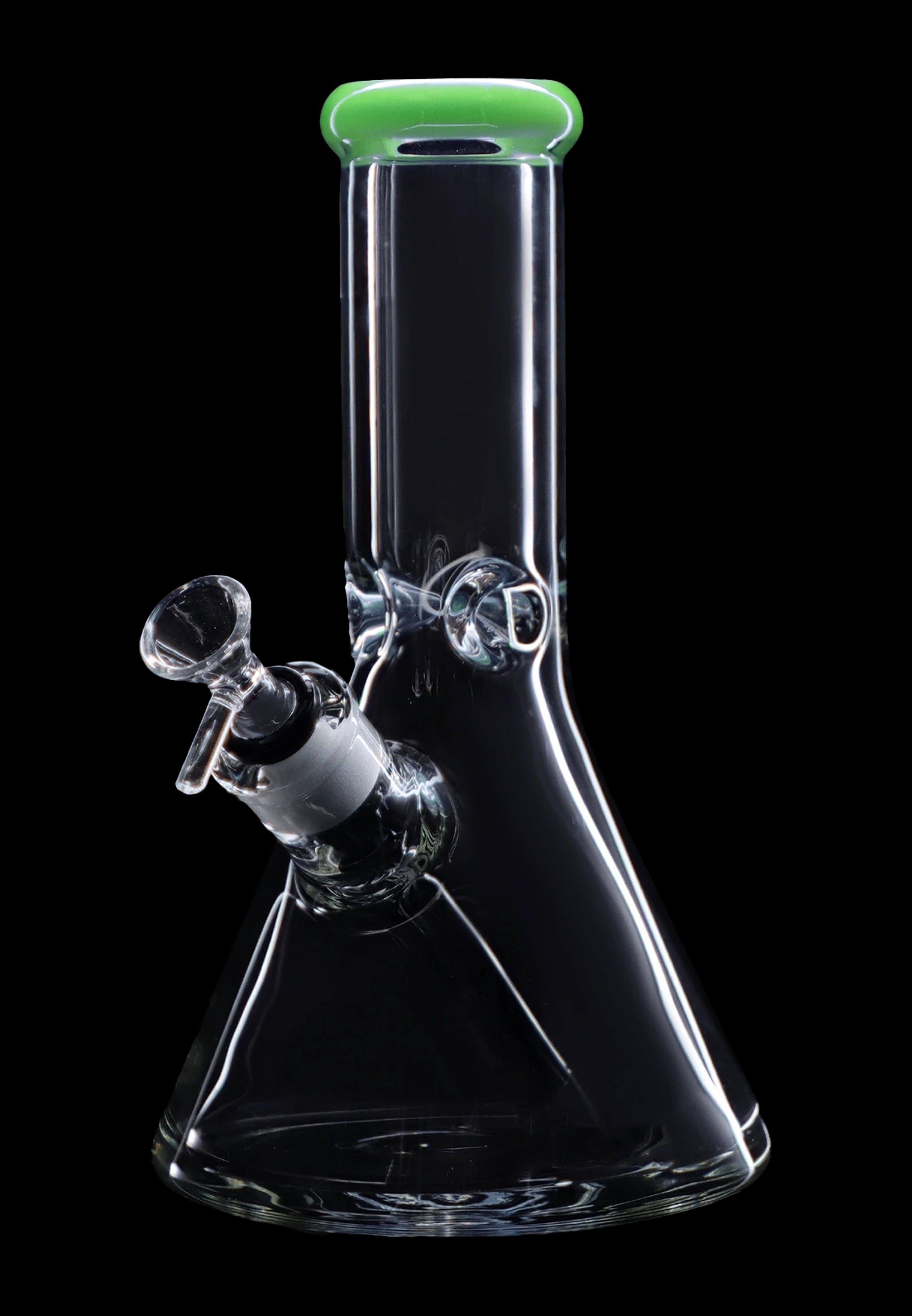 Clear glass bong with a green mouthpiece and ice catcher, isolated on a black background.