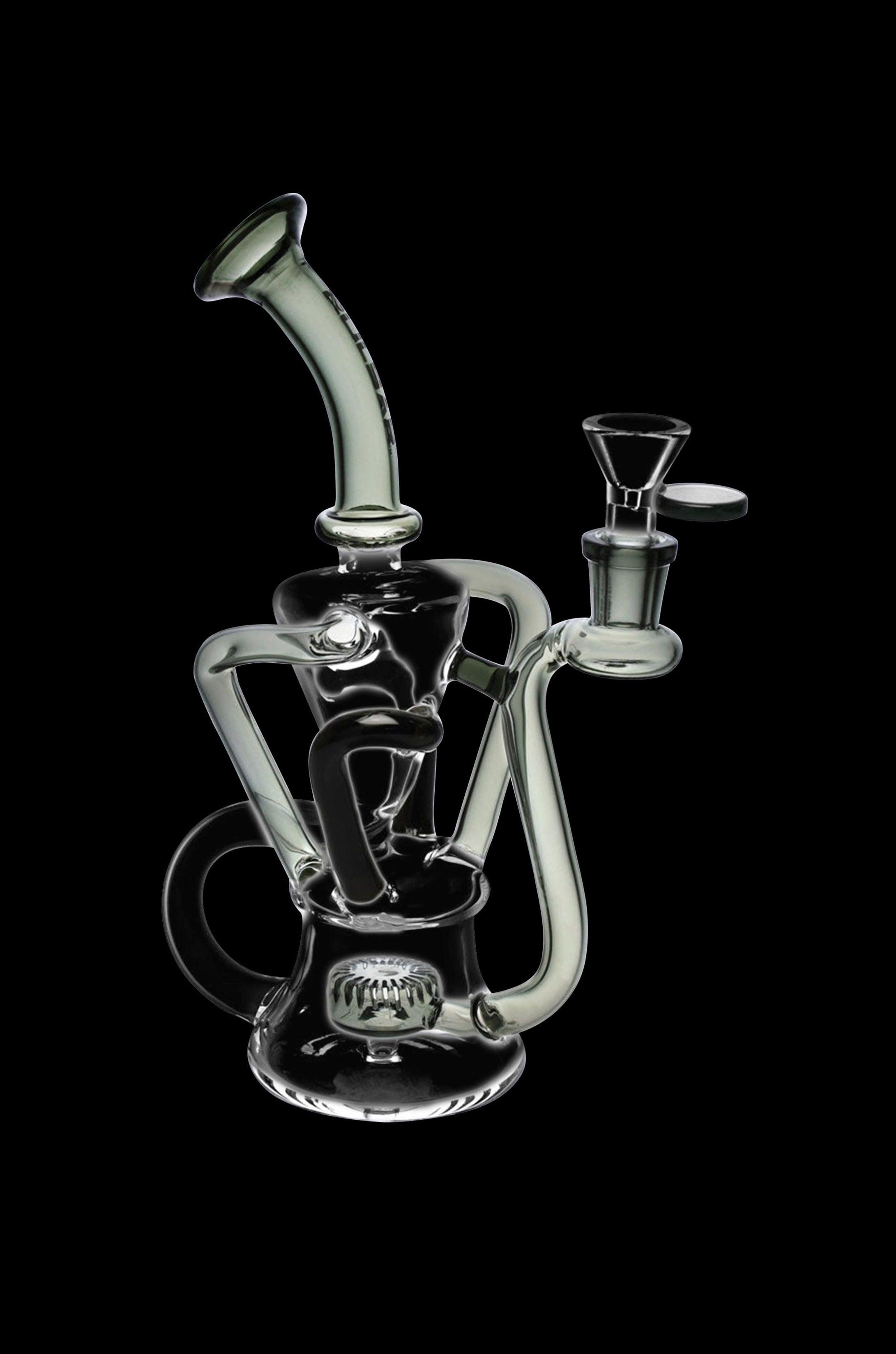 Clear glass water pipe (rig) with intricate curves and a bowl piece, isolated on black.